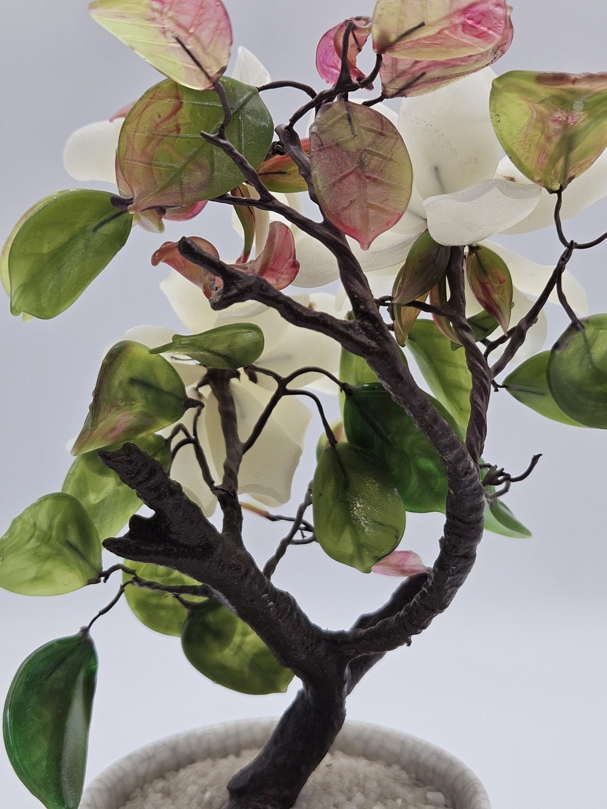 Vintage Chinese Jade Bonsai Tree w/ White Dahlia Flowers in White Pot – 9.5″H