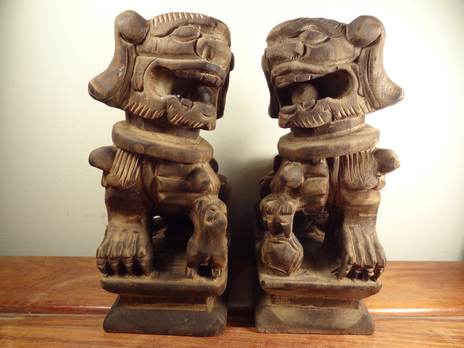 Pair of Old Boxwood Foo Dog Statues