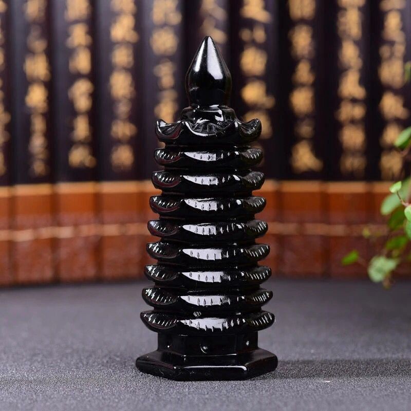 10cm Natural Obsidian Wen Chang Pagoda Feng Shui Ornament for Study Career