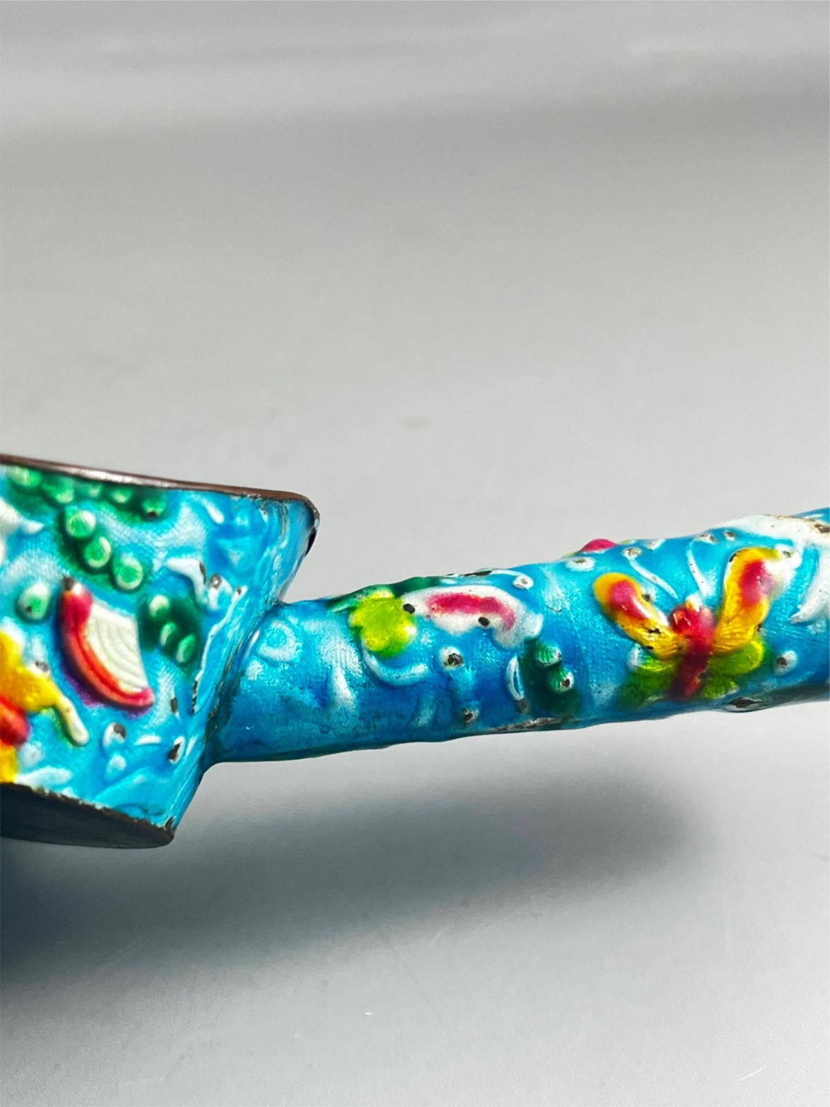 Vintage Chinese Enamel Cloisonne Painted Scoop Pan Silk Iron
