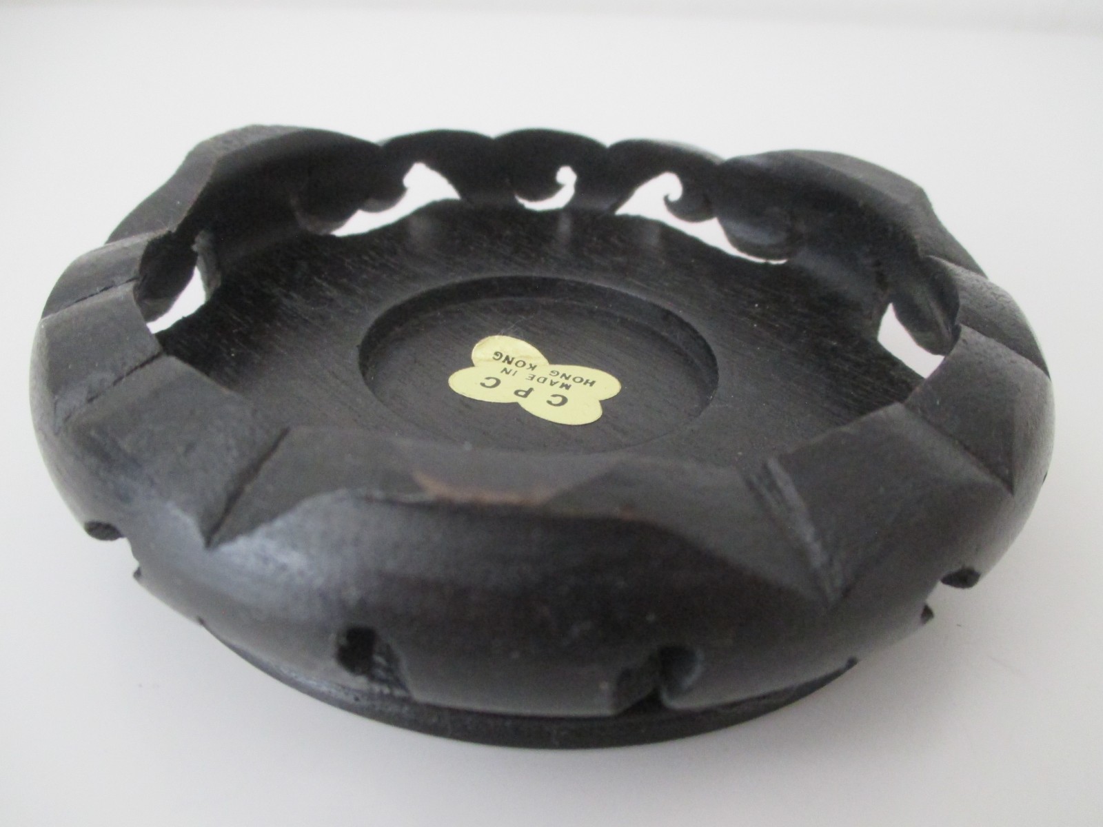 Chinese Black Hand Carved 4″ Footed Wooden Stand for 3.25″ Dia Base Vtg AZB