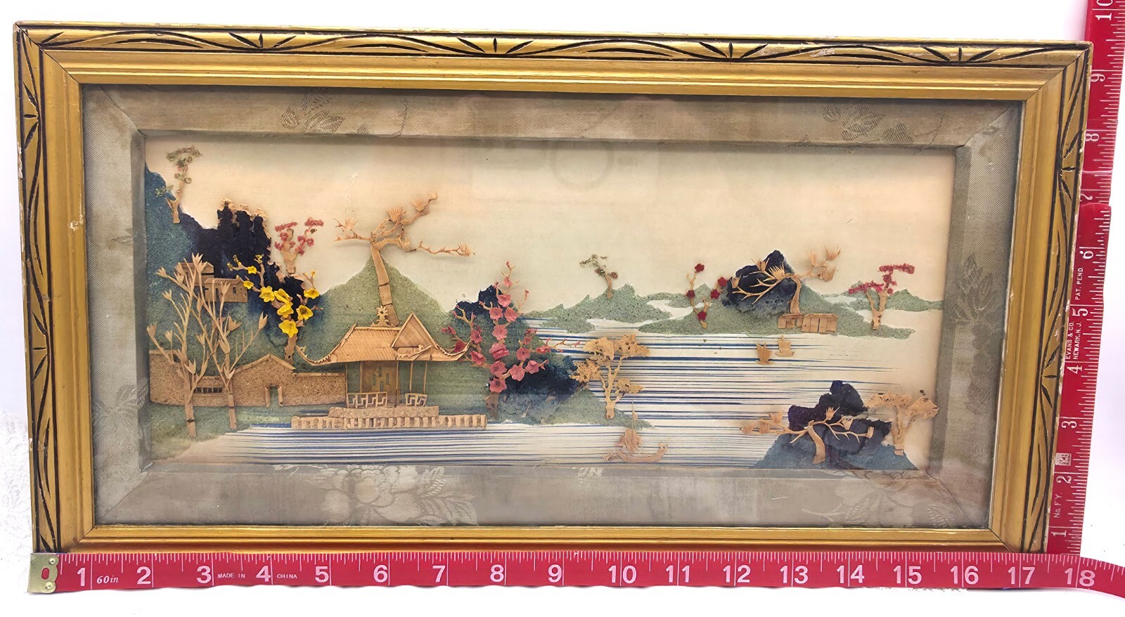 Chinese Intricate Scenery Sculpted Cork Diorama in Shadow Box Frame Watercolor
