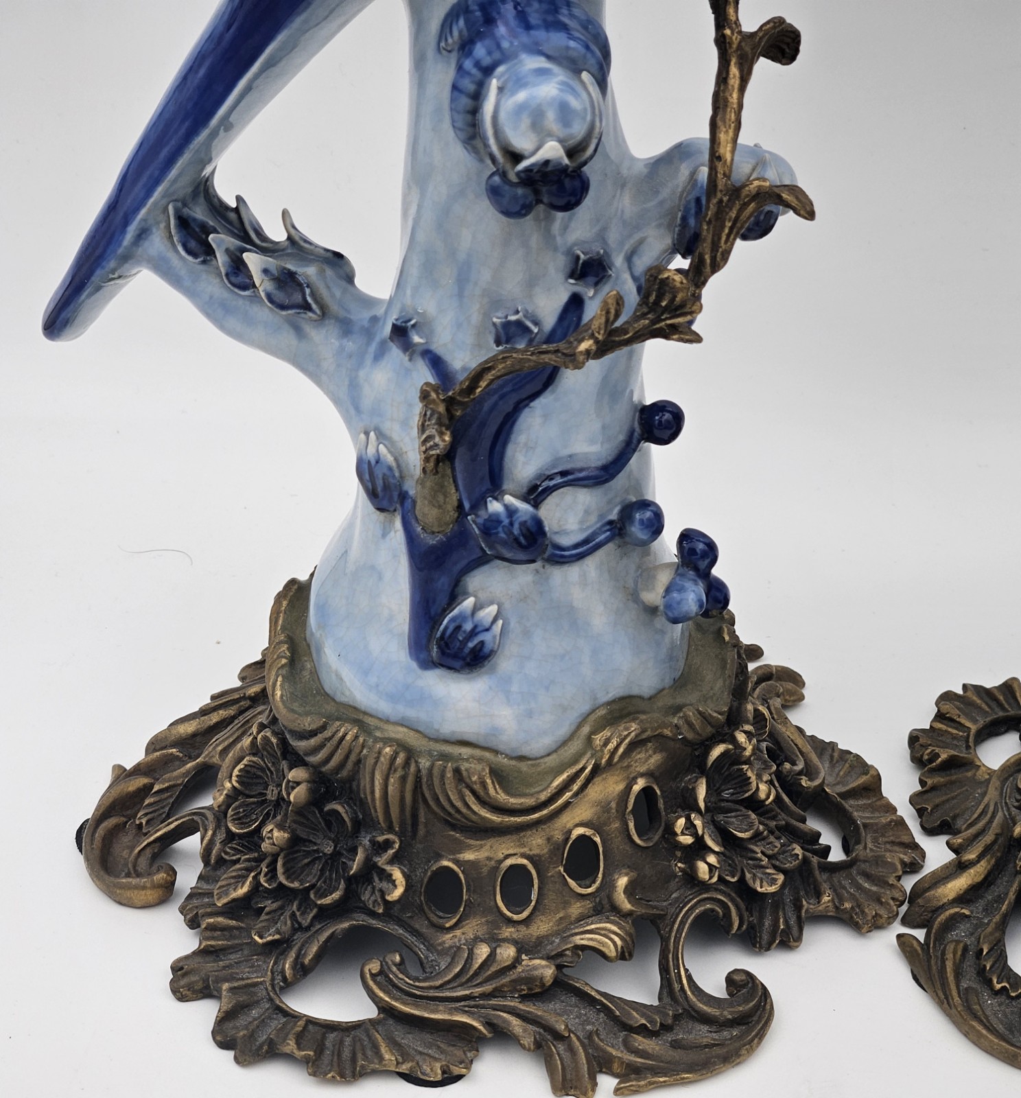 Antique Chinese Bird HOLLYWOOD REGENCY Blue Birds Brass Candle Holders 14″