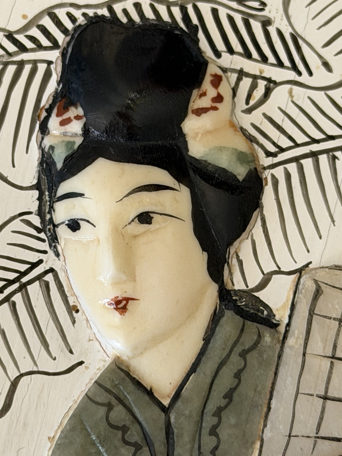 VTG Chinese Black Lacquer Wall Panels Pair Mother Pearl Inlay Geisha Art 19.5×9