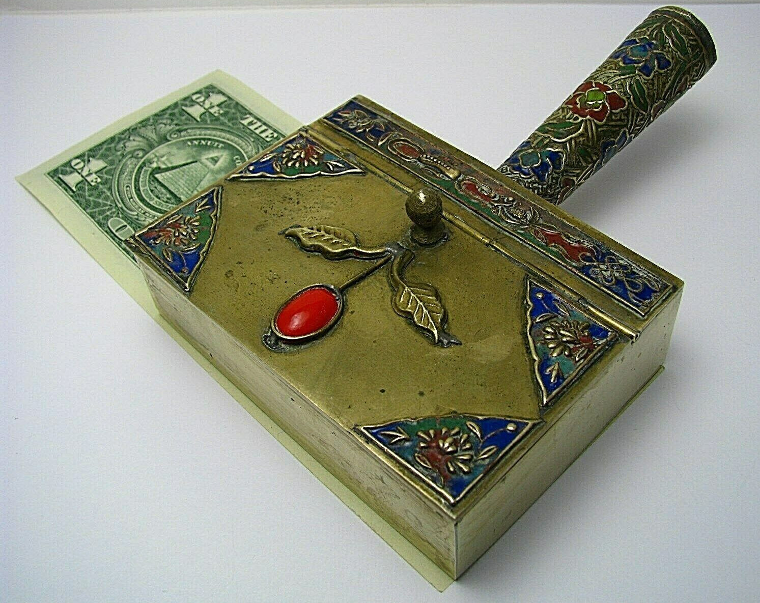 CLOISONNE ENAMEL BRASS TRAY ASHTRAY BOX SILENT BUTLER w/ CORAL Asia China c1900s