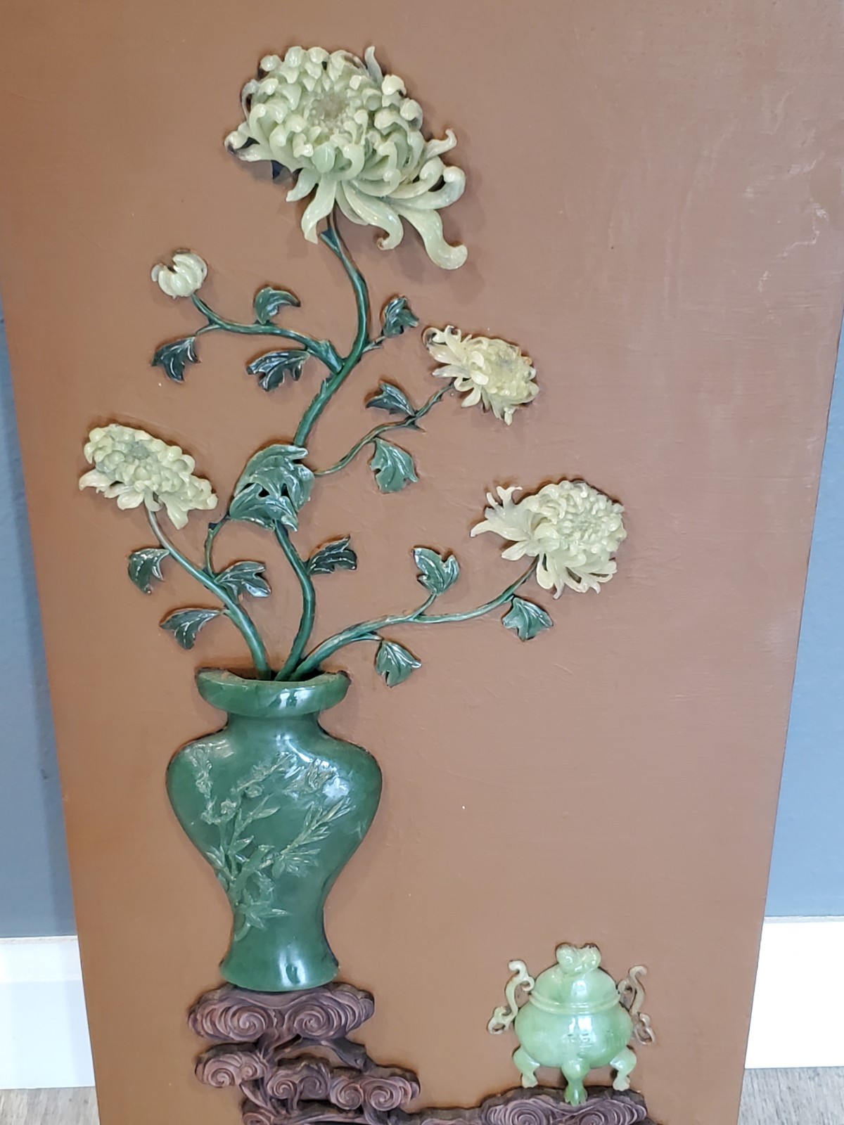 Vtg Chinese Flower Pot Brown Board Jadeite Floral Pot Stone Wall Panel 12”x 29”