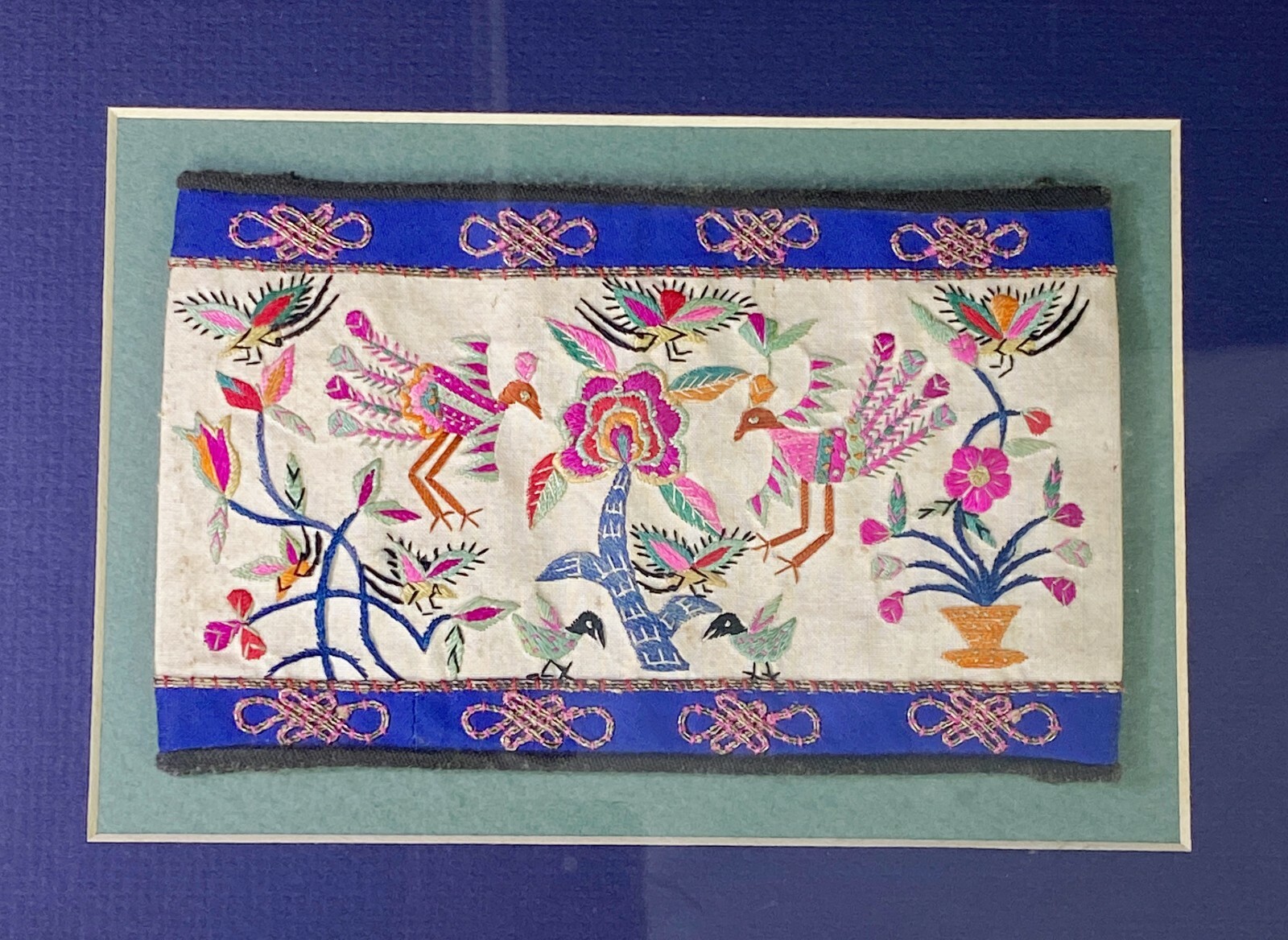 Hand Embroidered Silk Birds Floral Cuff Vtg Asian Framed Textile Mini Tapestry