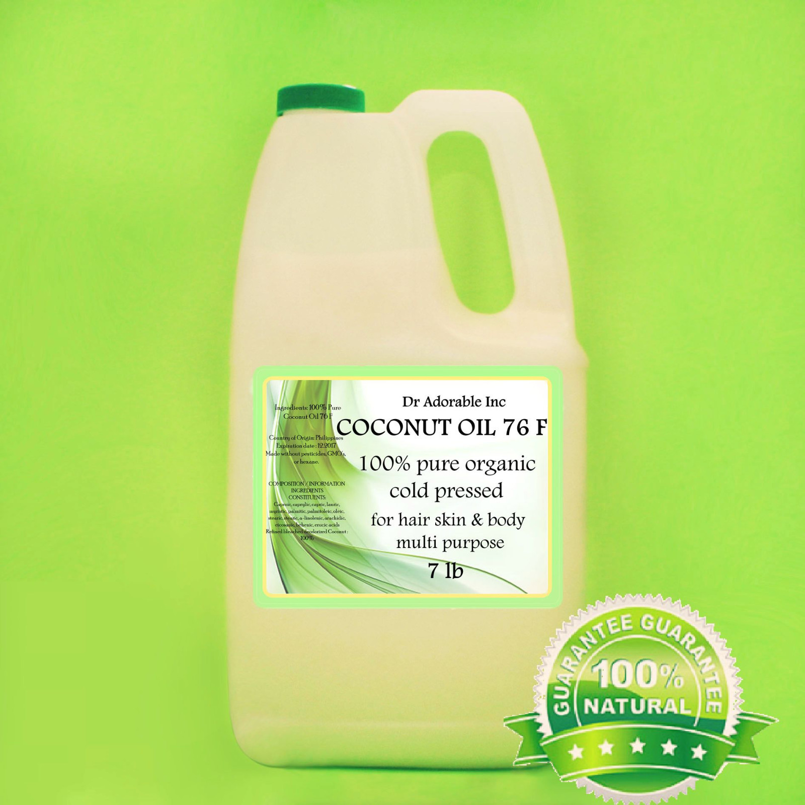 7 LB / 1 Gallon Best Premium COCONUT OIL 76 DEGREE Pure Cold Pressed Guaranteed