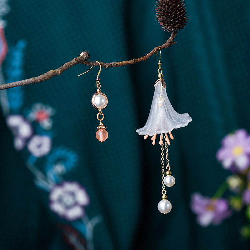 Chinese Coloured Glaze/Pearl Asymmetric Flower Tibetan Style Earbob Earrings