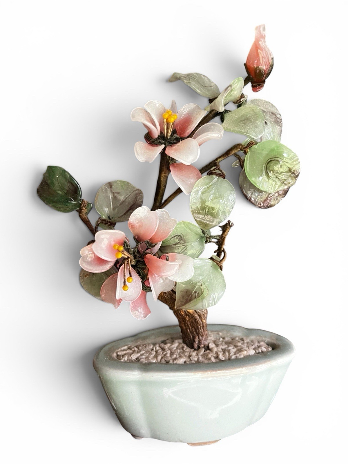 Vintage Chinese Hardstone Bonsai Tree Pink Blossom Jade Stone Floral Sculpture