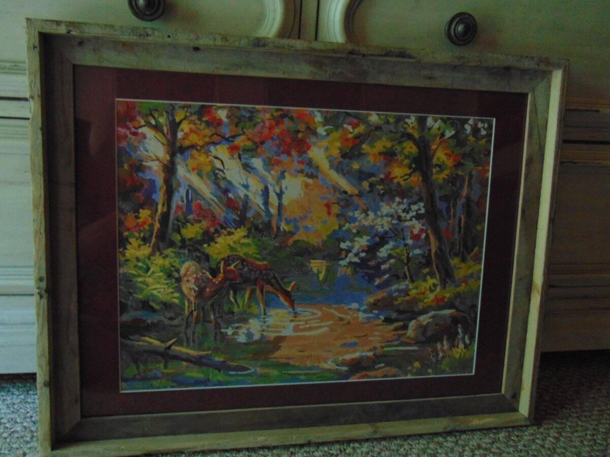 FRAMED DEER PAINT BY NUMBER signed Steve Davis custom wood frame matte & glass