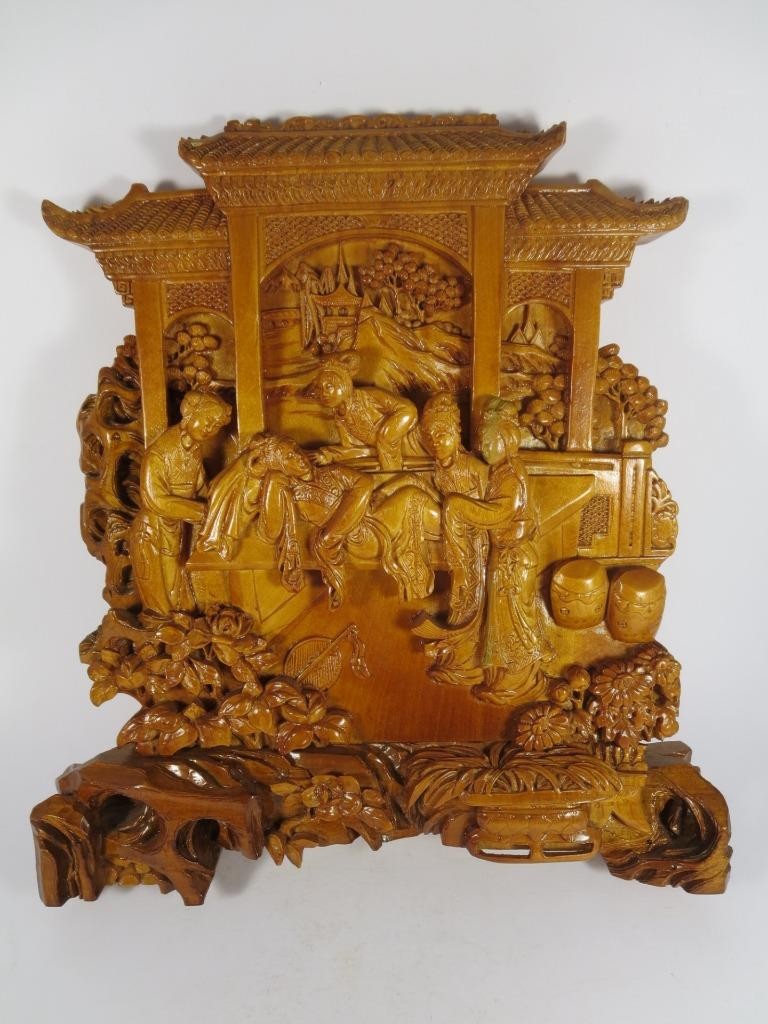 Vintage Chinese Carved Wood Panel Garden Courtyard Scene Five Women (#900-936)