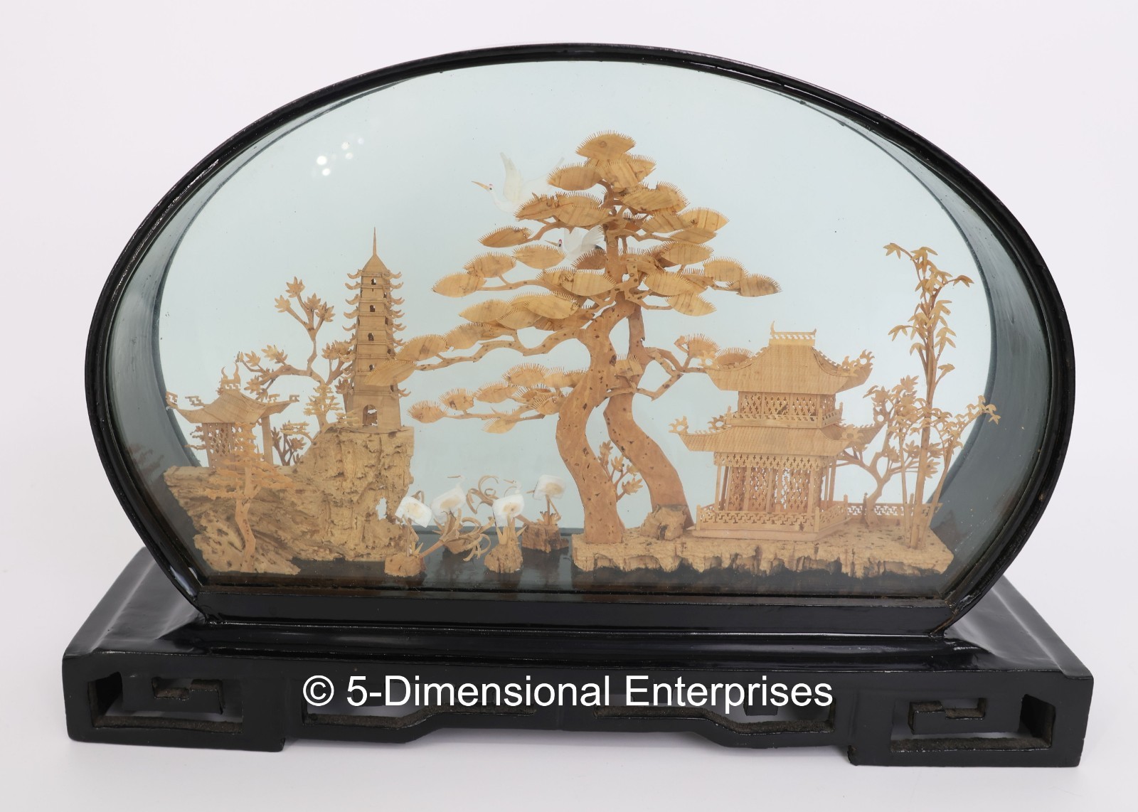 VTG Chinese Diorama Cork Carving Pagoda Trees Cranes 12″ x 8″ x 2.5″ Glass Case