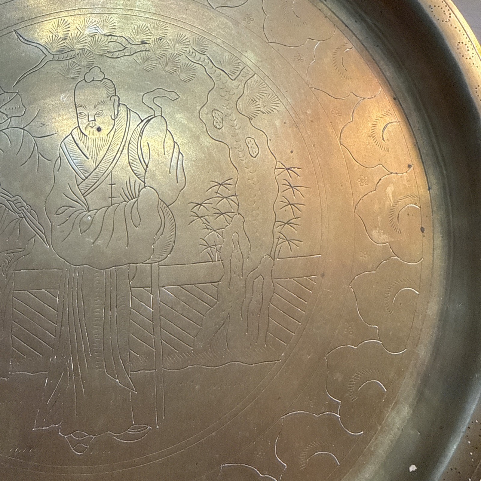 Vintage Chinese Brass Etched Tray Old Man & Boy 12”