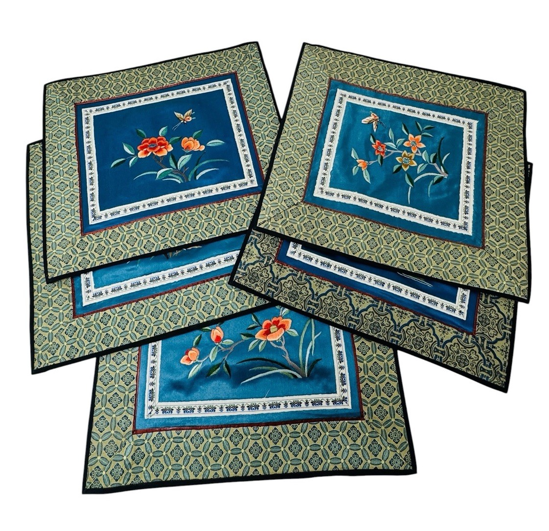 5 COLORFUL SILK PLACE MATS W/FLORAL EMBROIDERY, MADE IN CHINA, 11″ X 10″
