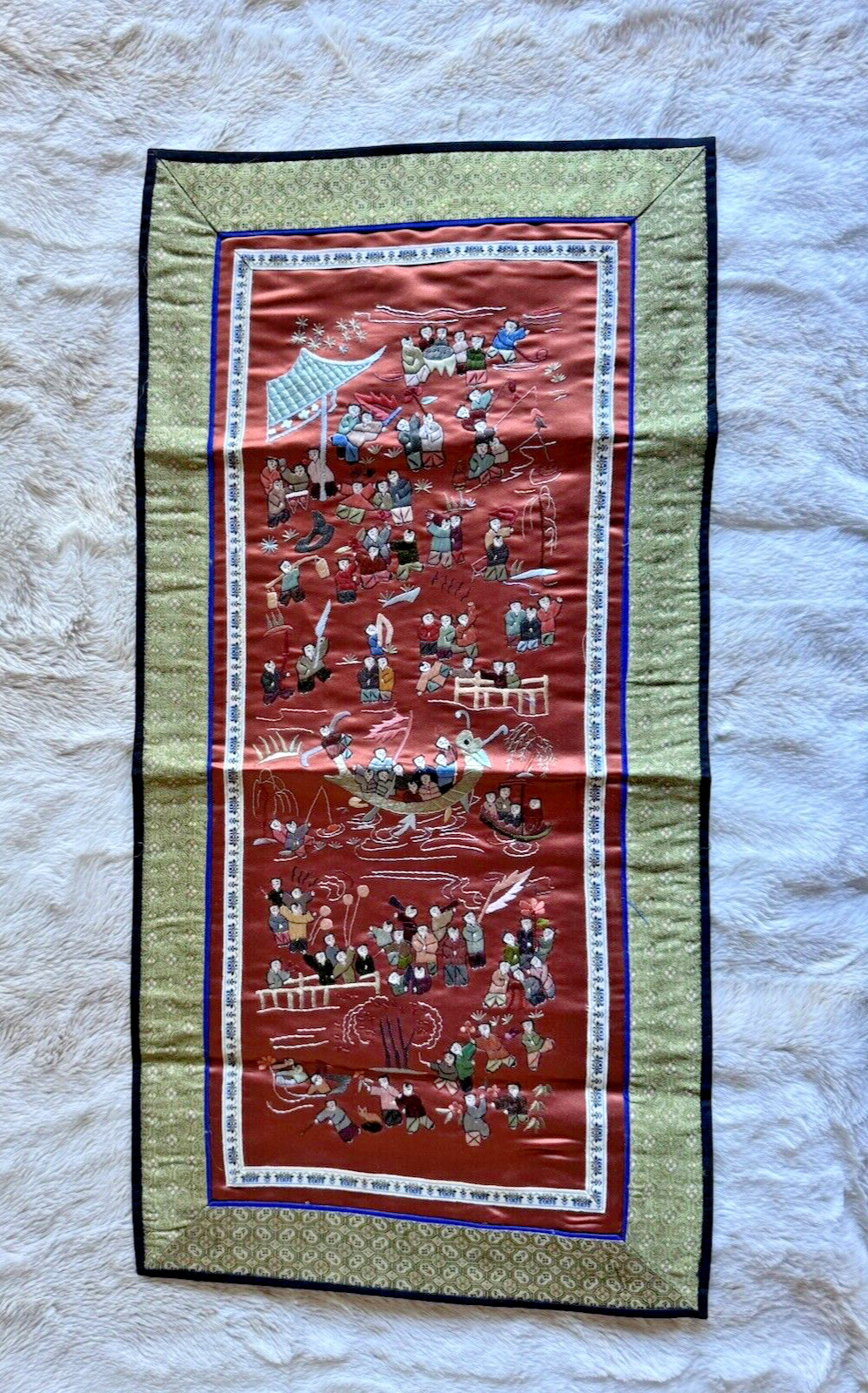 Vintage 26″ x 13″ Chinese Silk Embroidery “100 Children Playing” unframed EUC