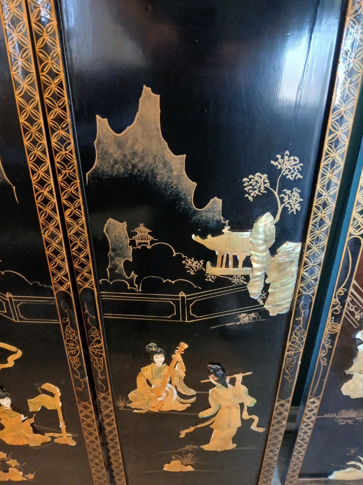 4 Vintage Asian Japanese Mother Pearl Black Lacquer Wall Panels 36″ x 12″