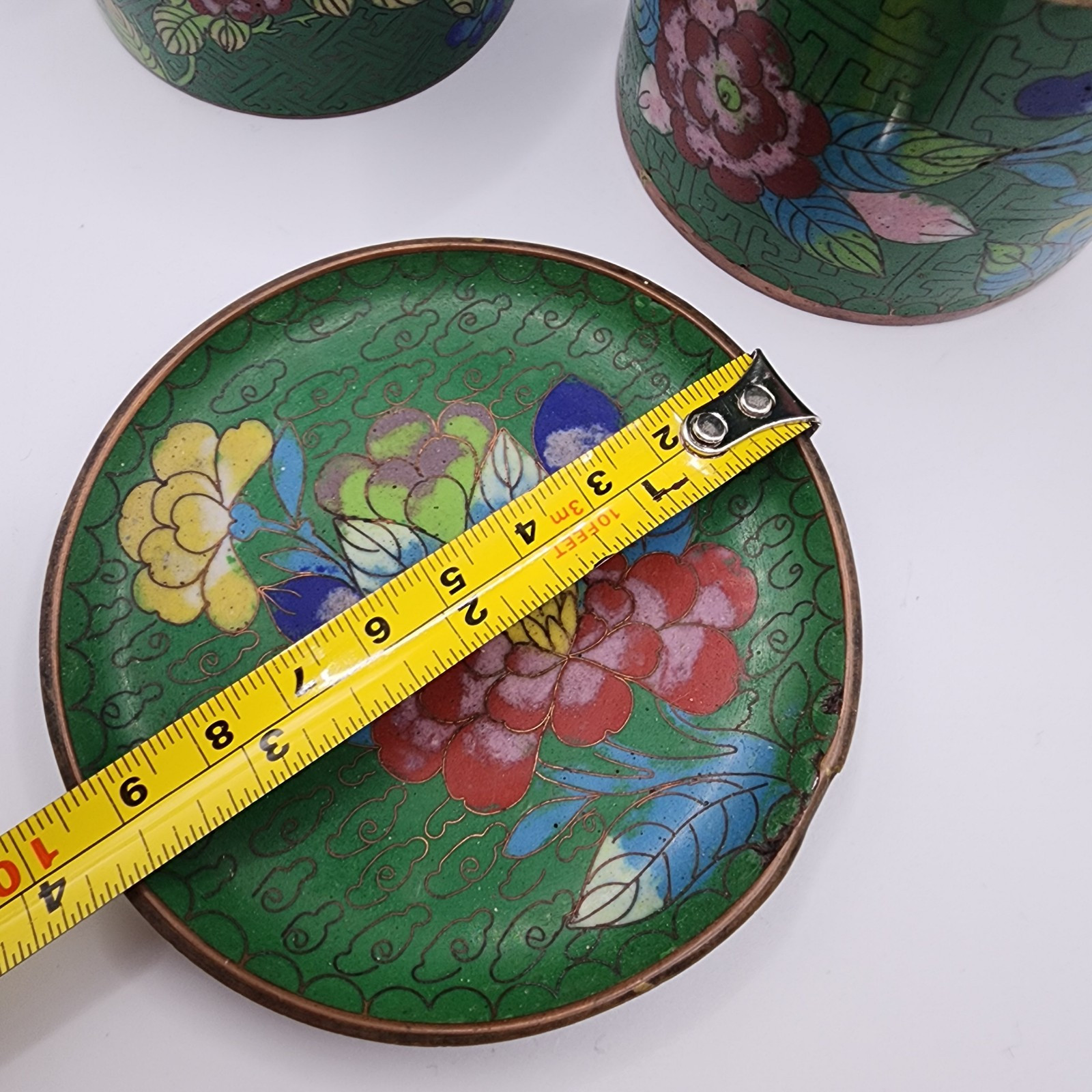 Vtg Green Chinese Lidded Cigarette Matches Ashtray Cloisonné Set Blue Enamel
