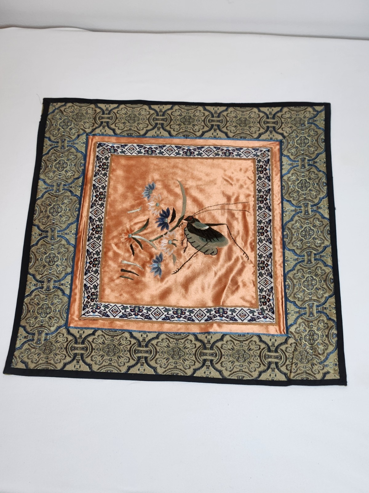 Vintage Chinese Hand Embroidered Silk Panel Flowers Grasshopper Design
