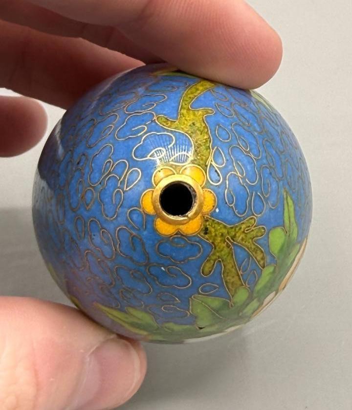Vintage Chinese Cloisonné Enamel Egg Floral Blue w/ Stand 3″