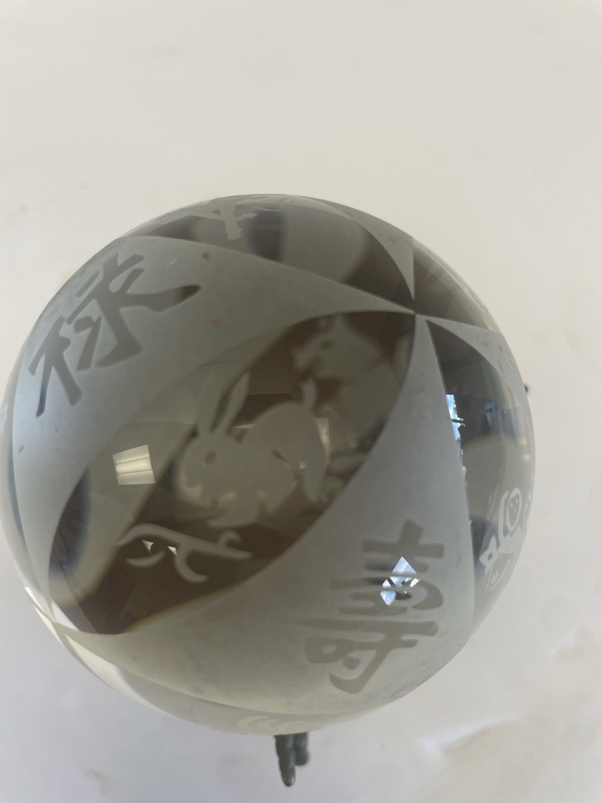 Chinese Zodiac New Year Etched Crystal Ball W Vintage Brass Unicorn Stand