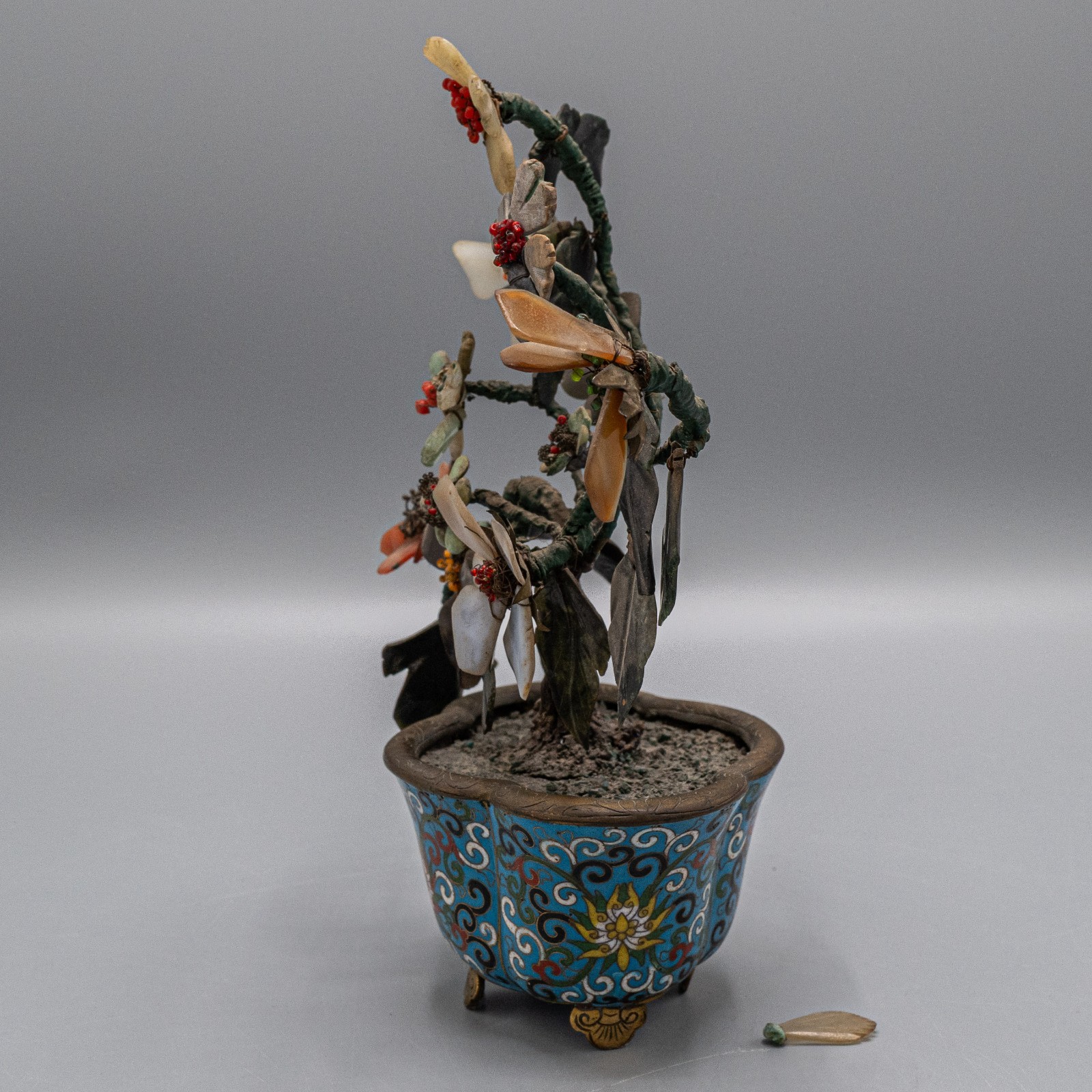 Chinese Jade Hard Stone Tree in Cloisonne Pot 8 1/2″ Vintage/Antique – READ #B