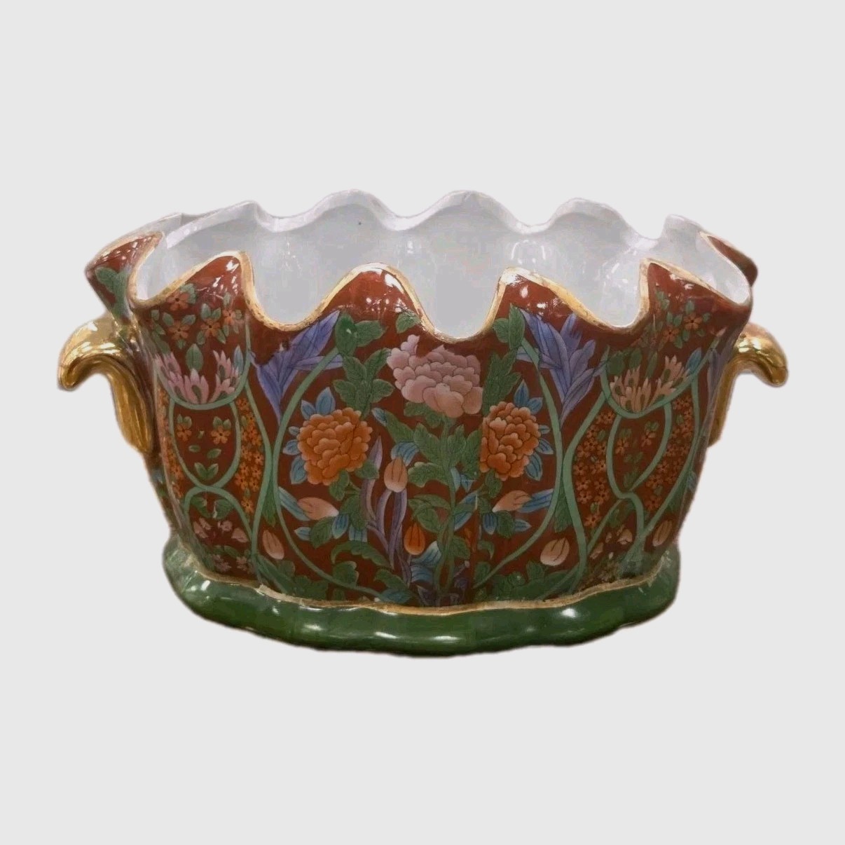 Chinese Foot Bath Satsuma Style Floral Red Vtg Porcelain Jardiniere Gold