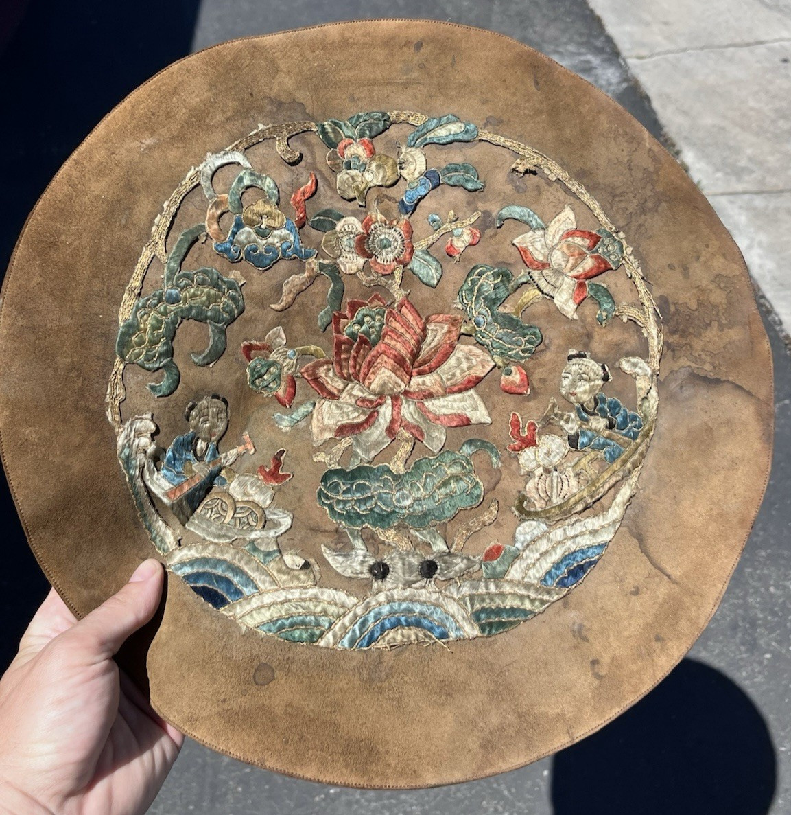 Antique Chinese Asian Leather Embroidered Silk Roundel Art Panel 15″ Qing Floral