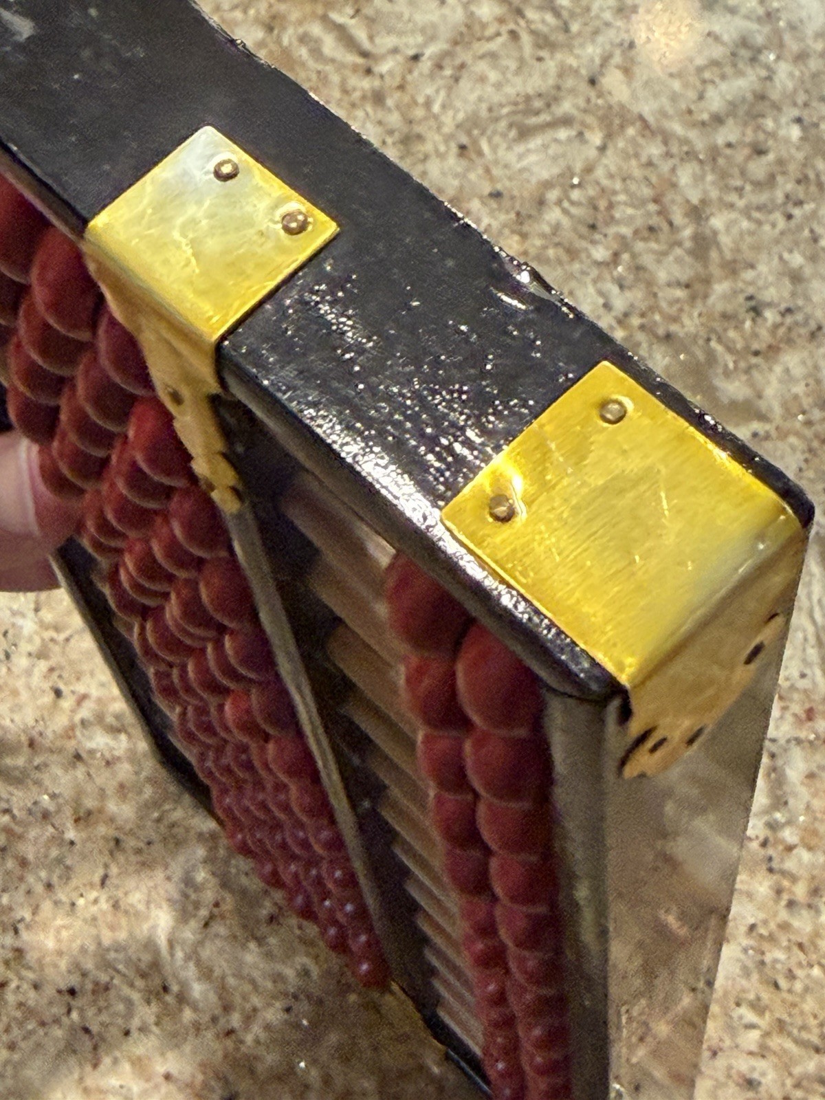Rare Vintage Chinese Abacus Wood & Brass 13 Rows 91 Red Beads Lotus-Flower Brand