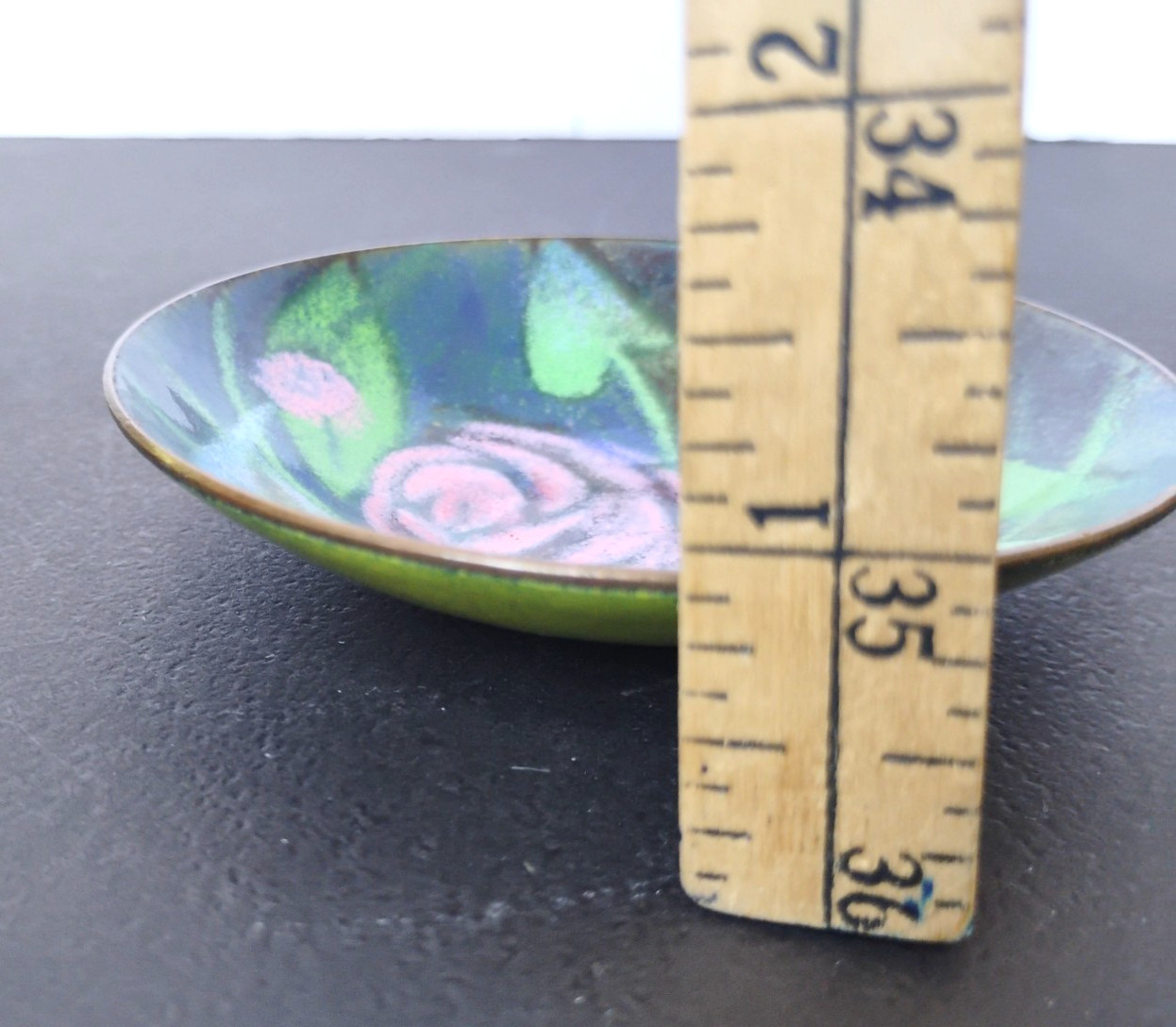 Chinese Cloisonné Teal Enamel Copper Plate Trinket Dish 3.75” Floral Decor
