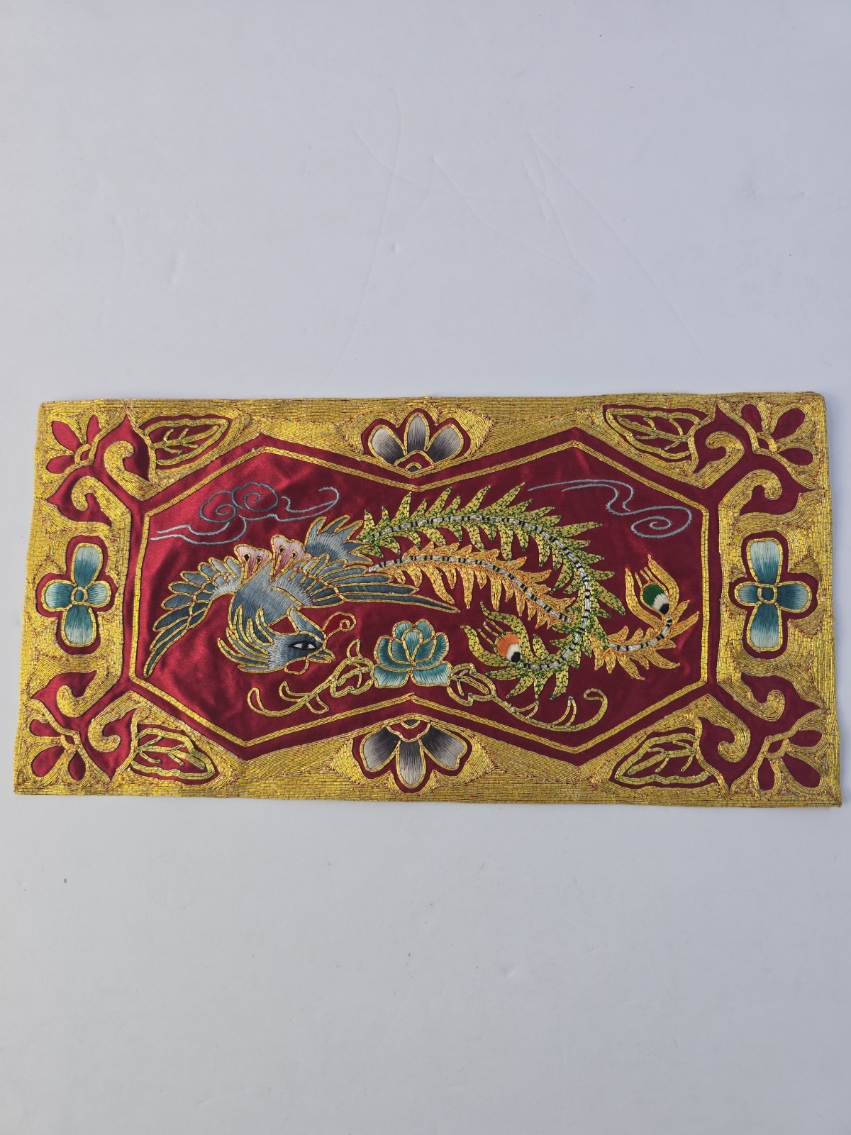 Vintage Chinese Phoenix Fenghuang Hand Embroidered Silk Rayon Panel 1980s