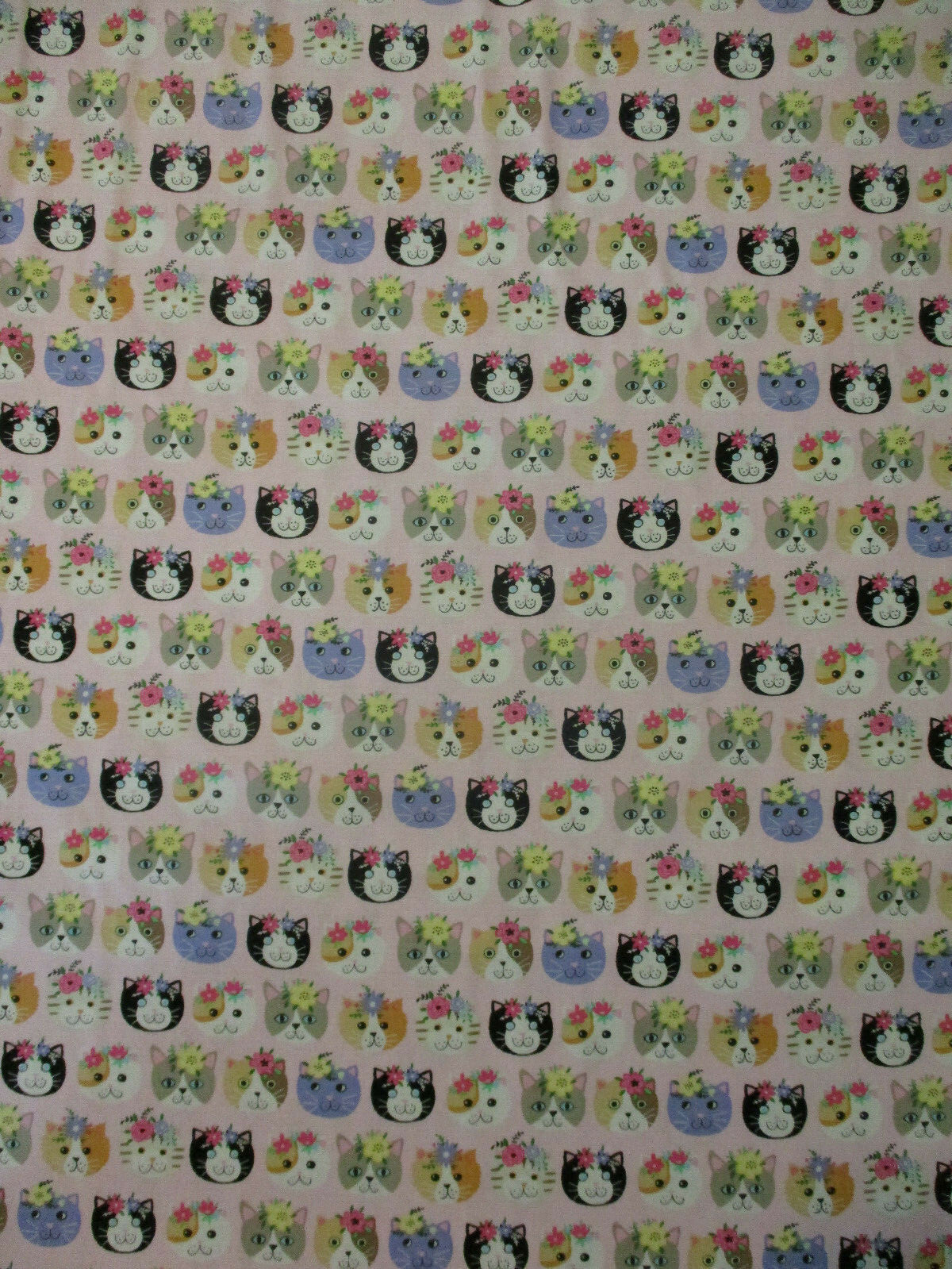 CATS FACES FLOWERS CAT ICON PINK KITTY COTTON FABRIC FQ