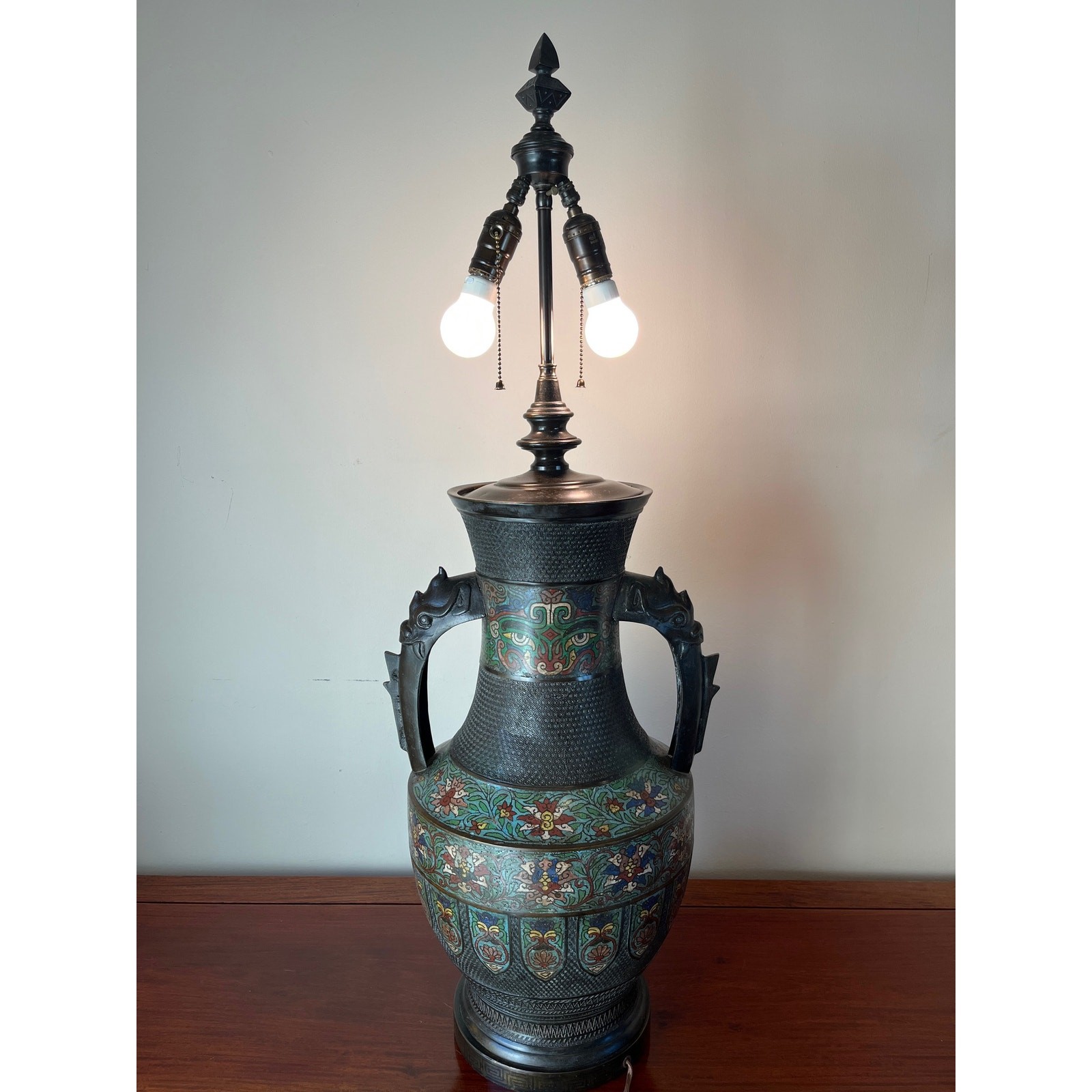 Large 42″ Chinese Cloisonné & Bronze Taotie Hu Vase Table Lamp