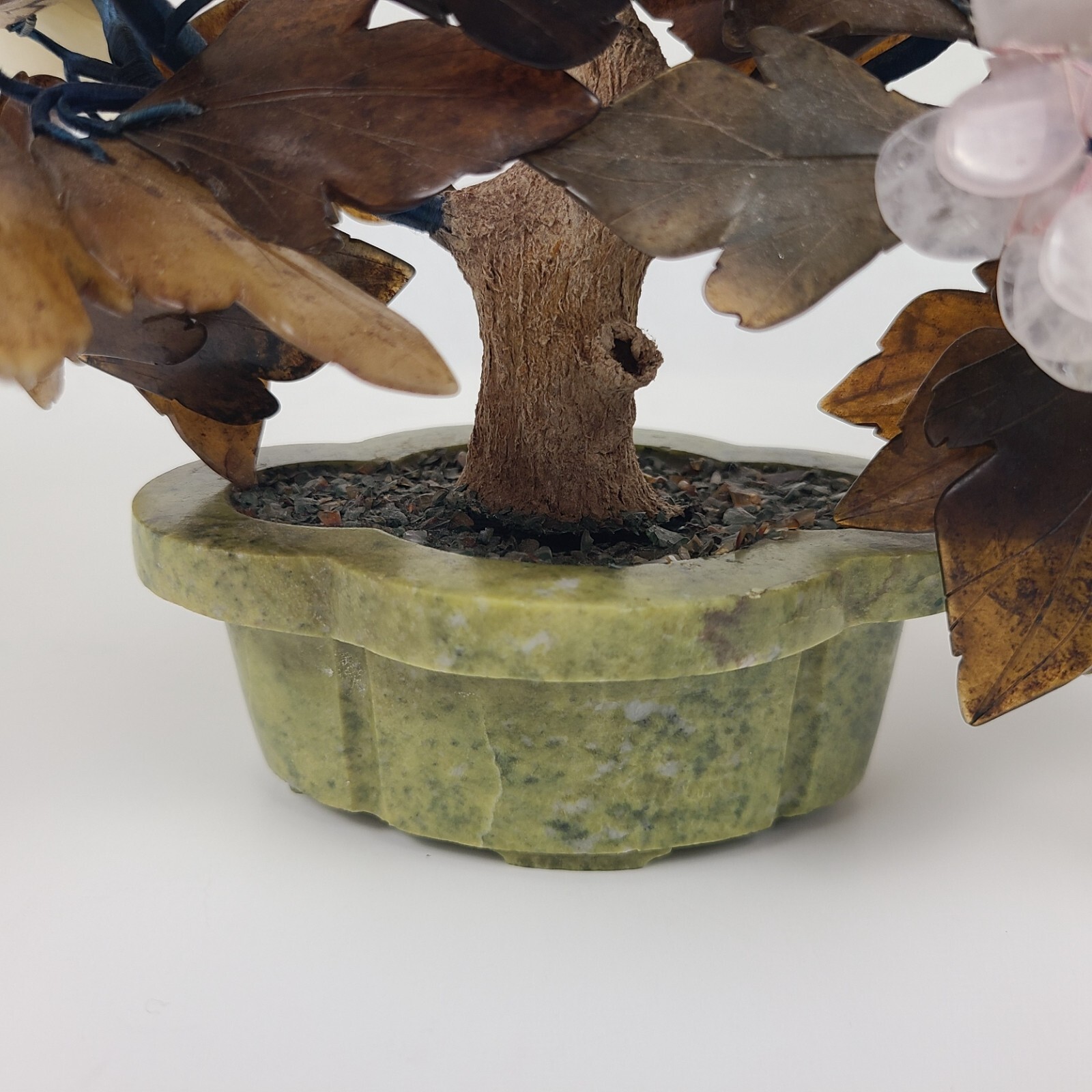 Vtg MCM Carved Agate Jade Quartz Bonsai Tree Flower Blossom Plant 11″ Tall Asian