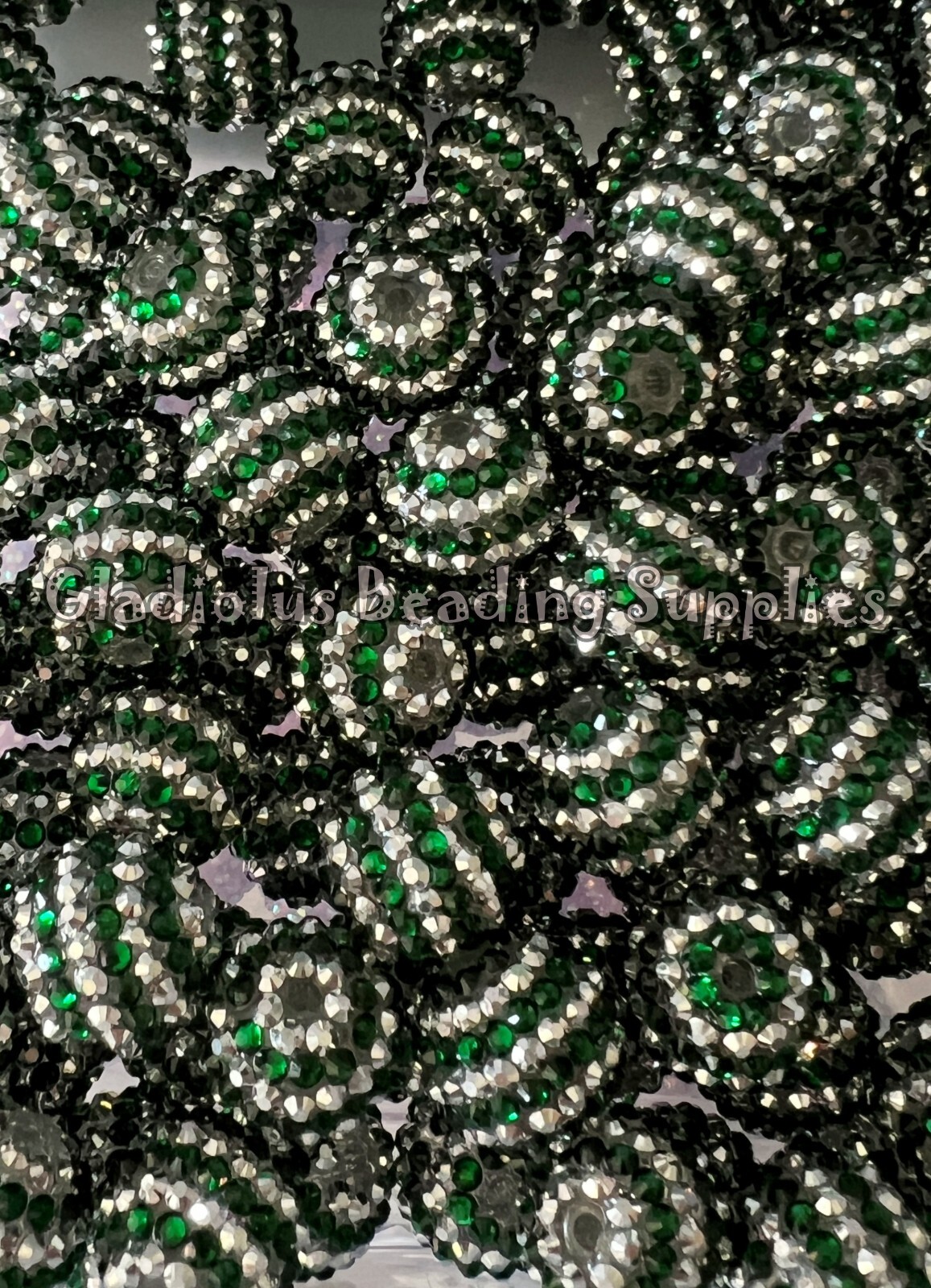 10 Pcs 20mm Green/Silver, Rhinestone Acrylic Beads, Bubblegum Beads, Loose Bead