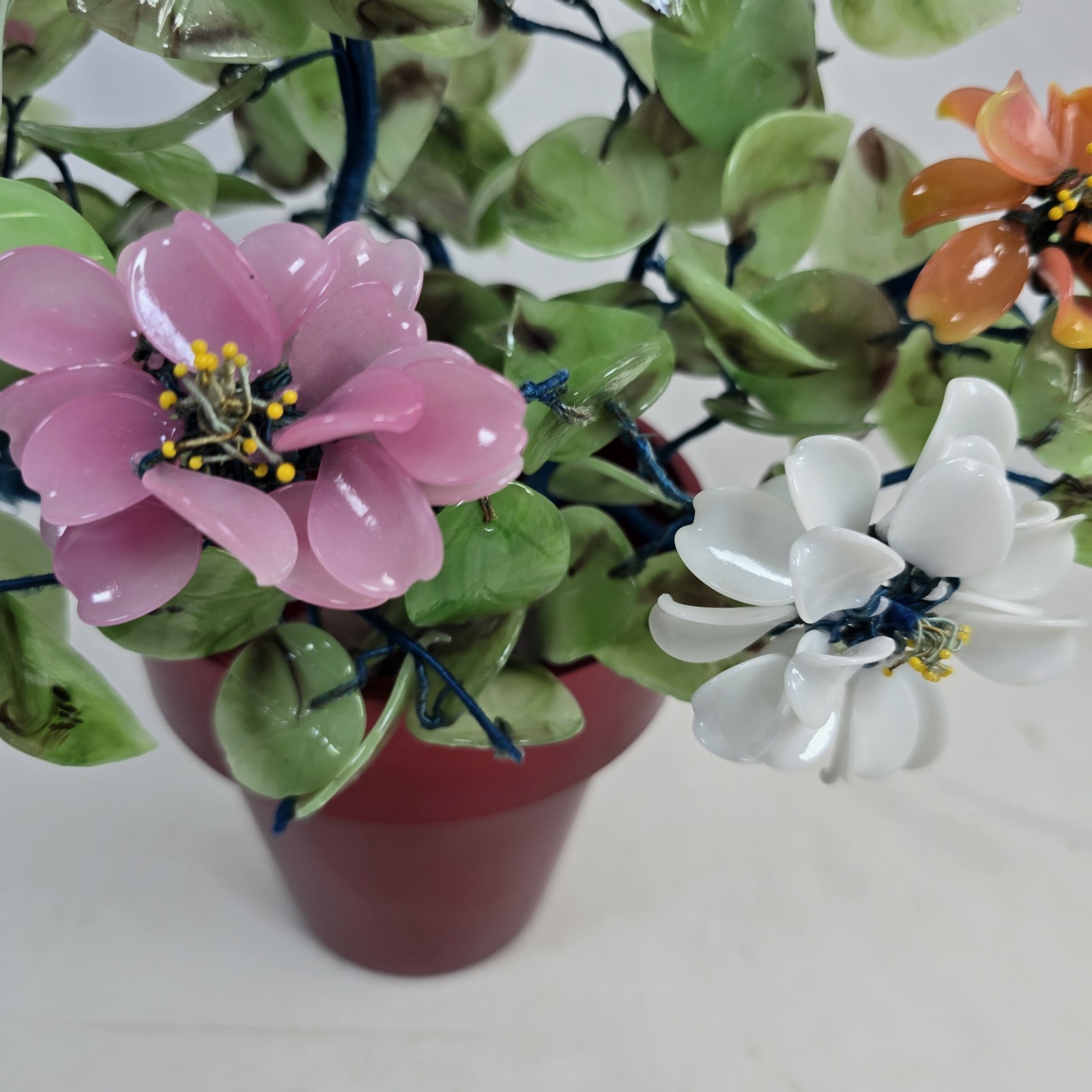 Chinese Jade Glass Bonsai Tree With Flowers and Pot 12 Inch X 11 Inch Approx