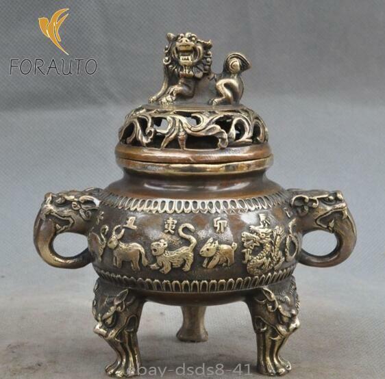 Old Chinese Bronze 12 Zodiac Foo Dog Lion Beast Statue Incense Burner Censer