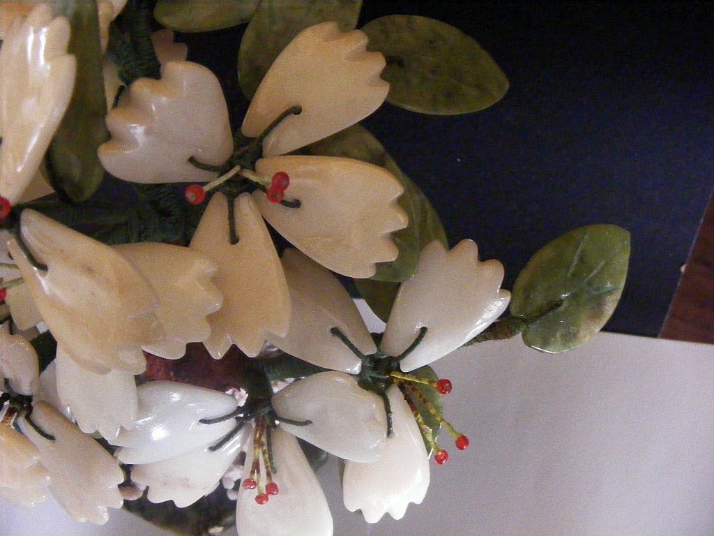 Chinese Hardstone Flower Tree Vintage Carved Jade & Stone 7 1/2″