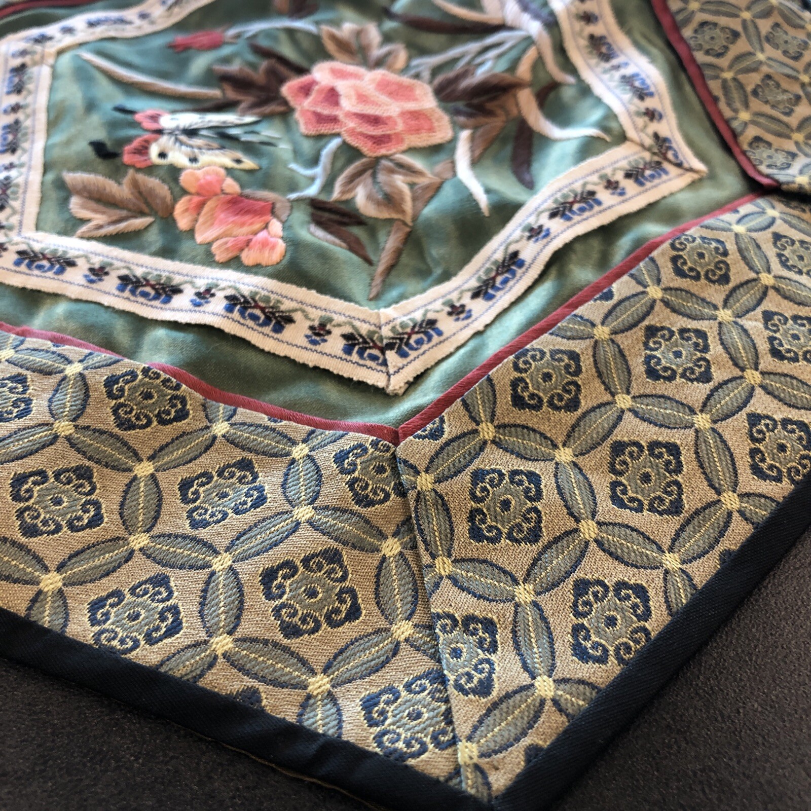Chinese Silk Hand Embroidered Panel Hexagon 10″ X 11″ Butterfly & Flowers