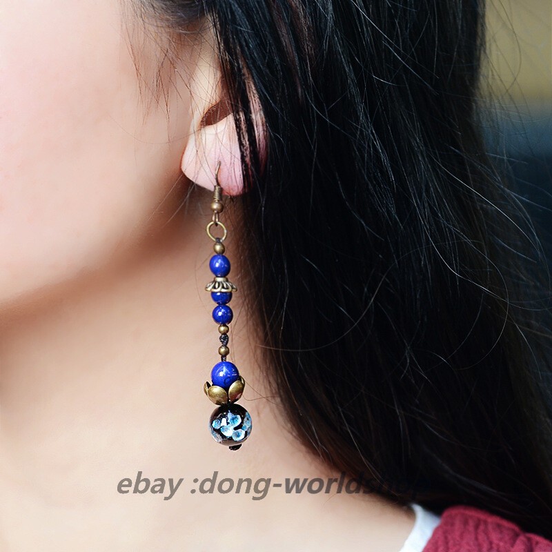 Chinese Coloured Glaze/Stone Flower Tibetan Style Fashion Earbob Earrings