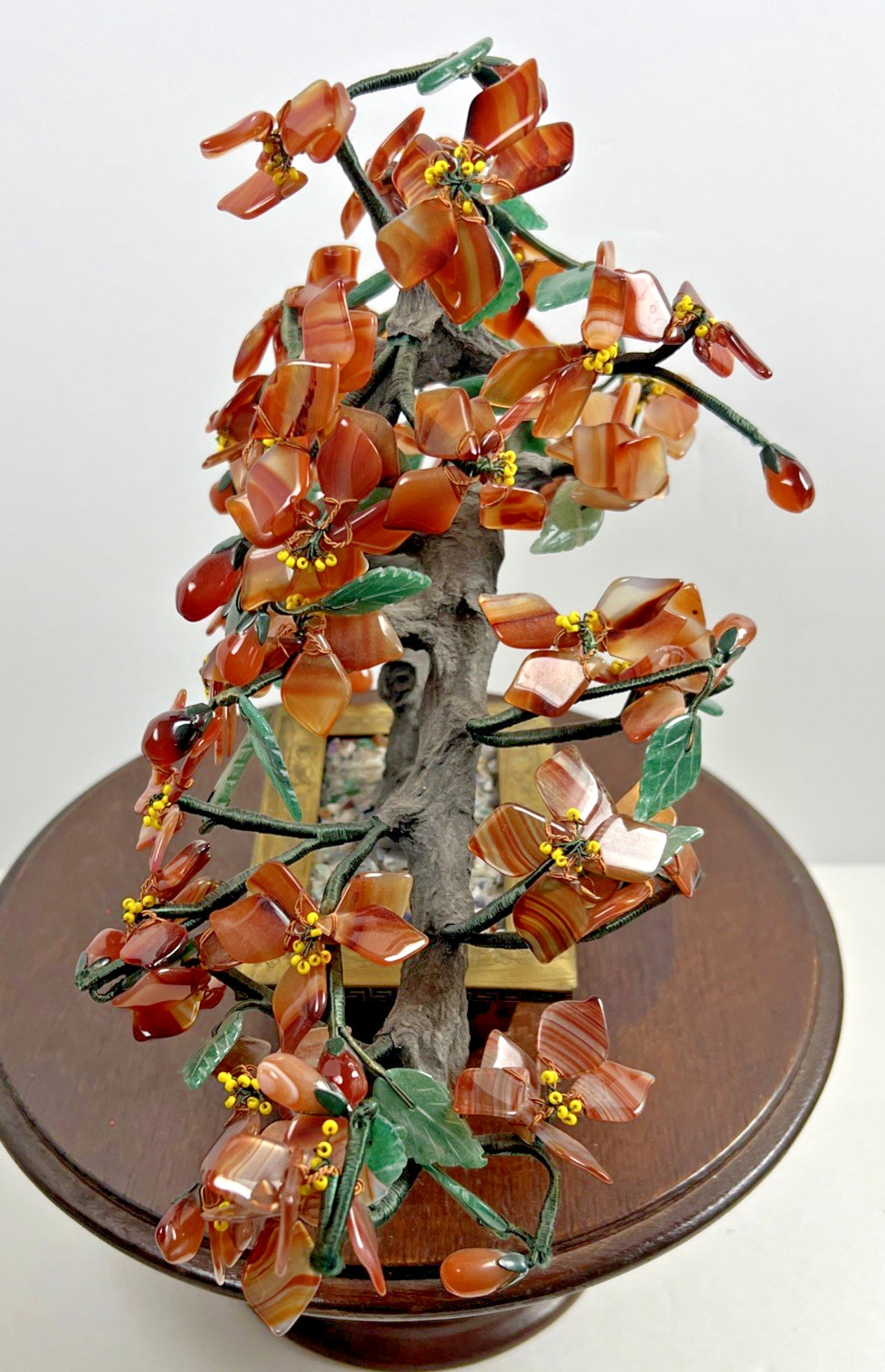 Vintage Carved Jade Tree Bonsai Flowers Brass Pot Agate Carnelian Fall Colors