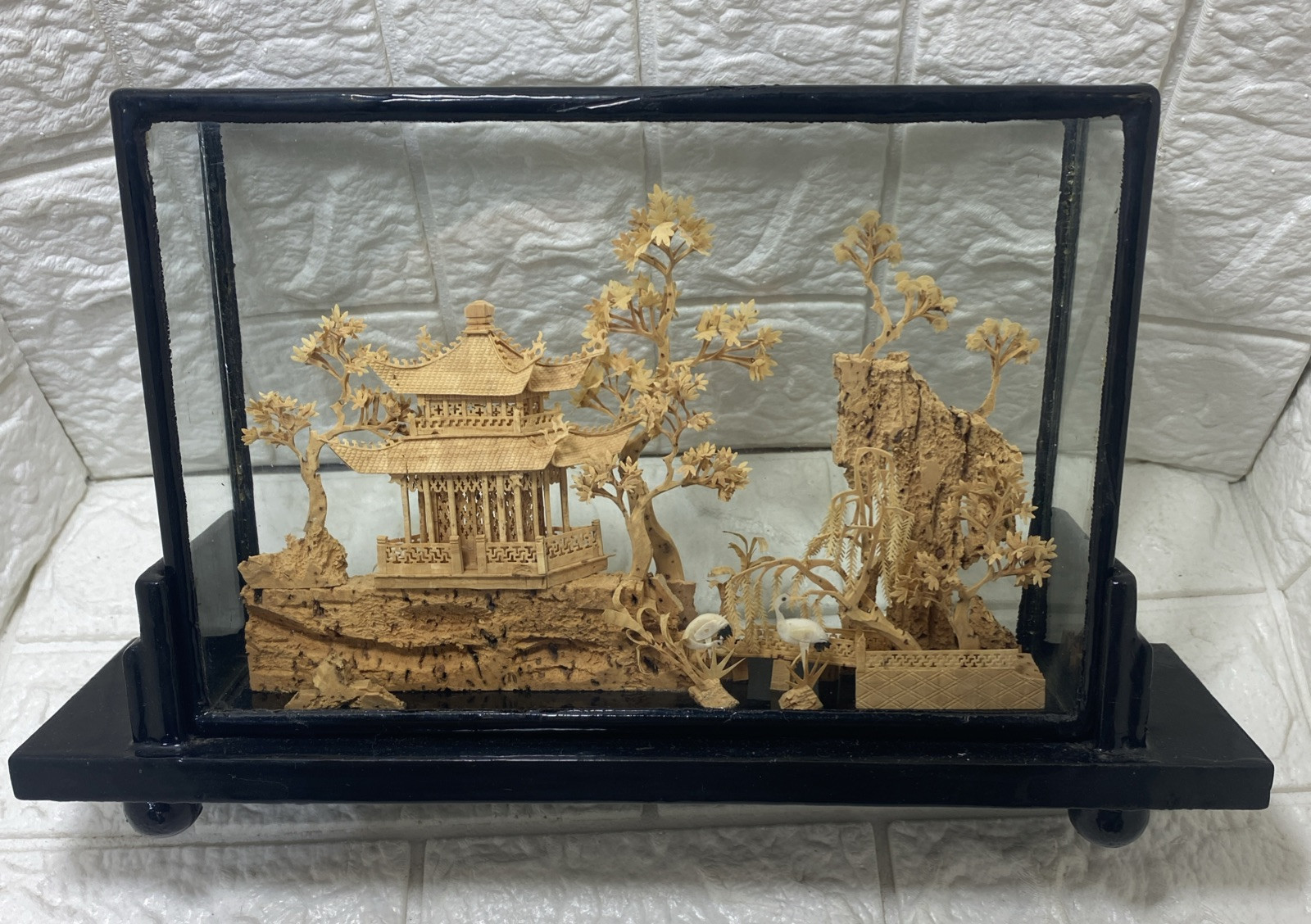 Vintage Chinese SanYou Diorama Handmade Cork Carvings Of Cranes Pagoda & Trees