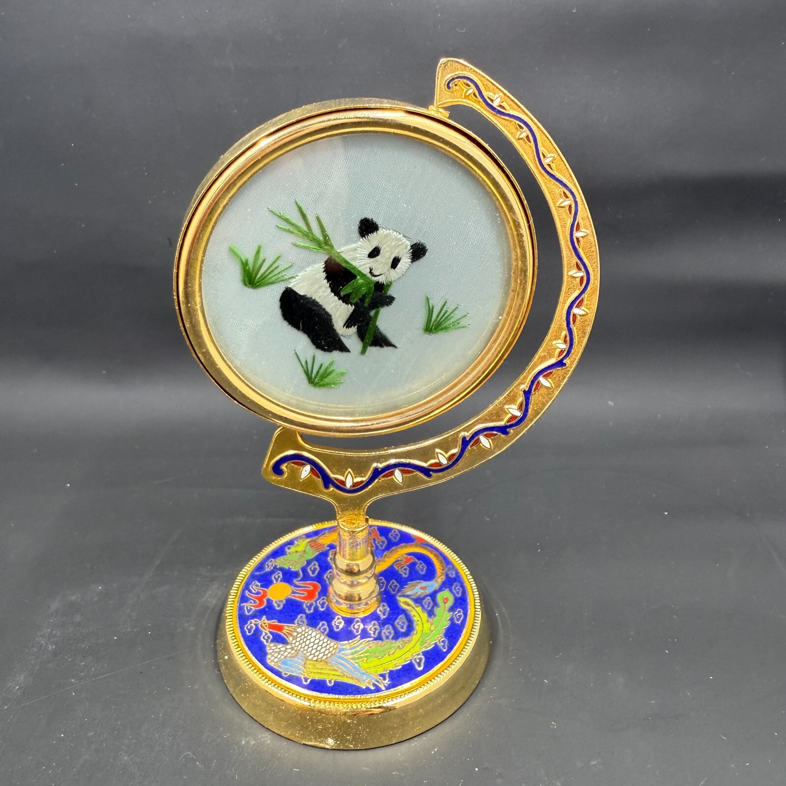 Vintage Suzhou Chinese Silk Embroidered Panda Cloisonné Enamel Metal Stand