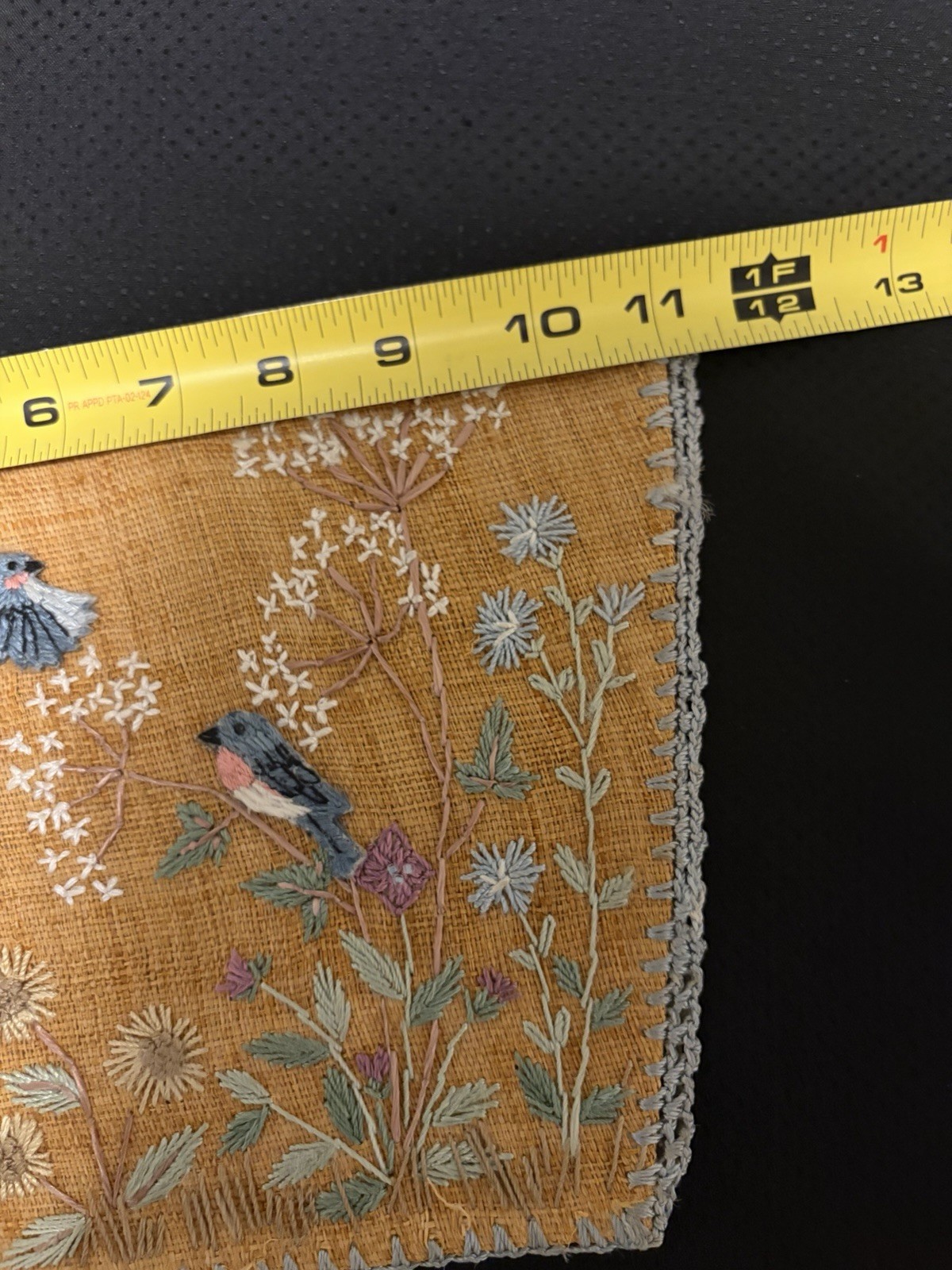 Antique Asian Embroidered Burlap Blue Bird Floral Panel 11″ Micro Bead Hemstitch