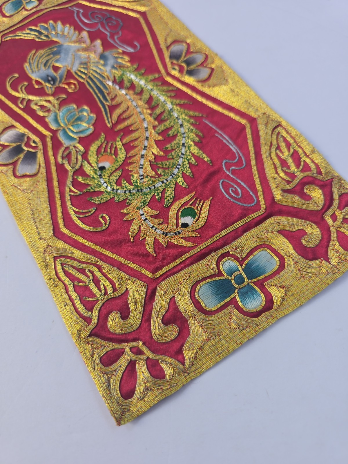Vintage Chinese Phoenix Fenghuang Hand Embroidered Silk Rayon Panel 1980s