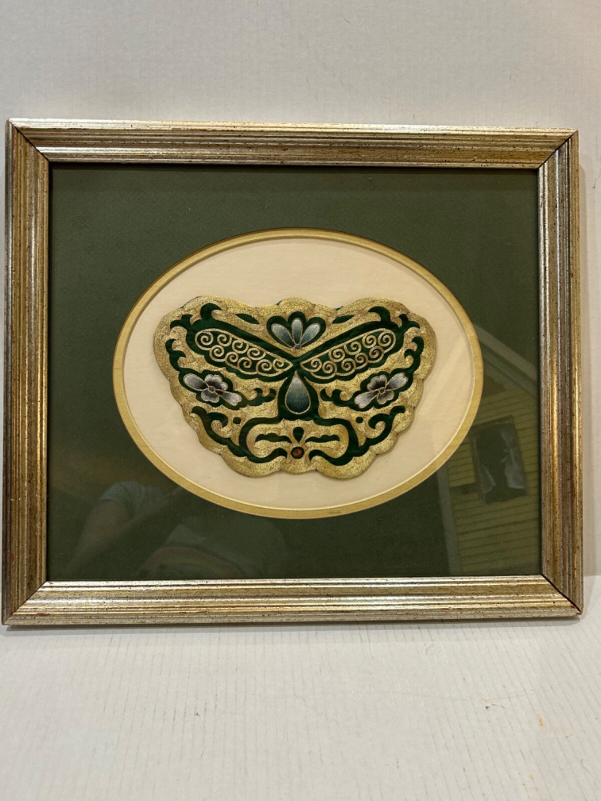 CHINESE FRAMED 16.75”X14.5” EMBROIDERY GOLD CANNETILLE BUTTERFLY BIRDS STUNNING