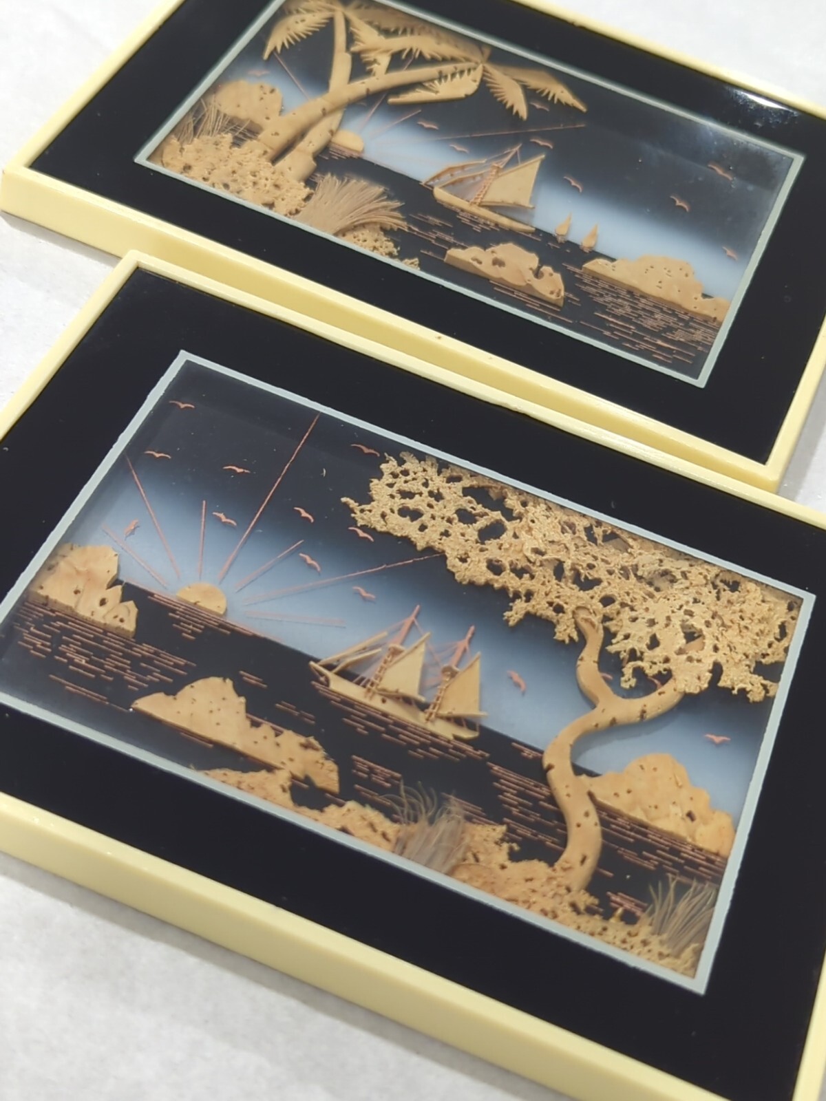 Set of 2 Stunning Vintage Carved Cork Seascape Ship 3D Shadow Box Diorama Framed
