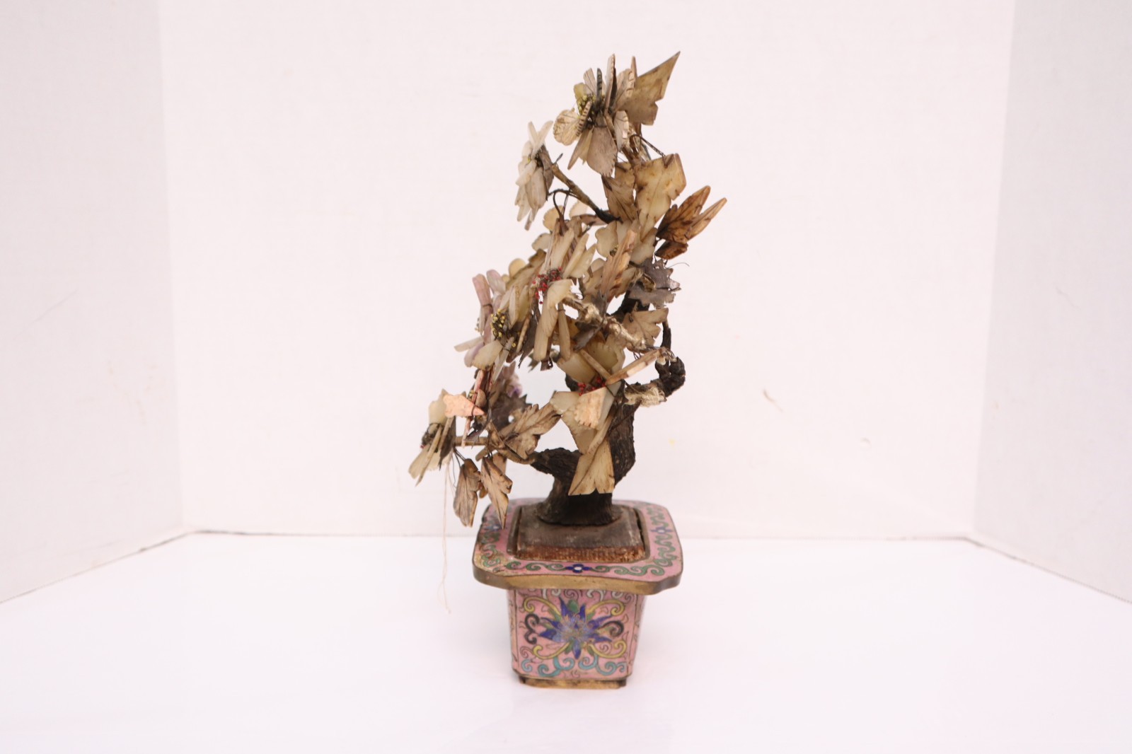 Vintage Cloisonné Potted Jade & Gemstone Flower Tree Decor LARGE 13.5″ Tall