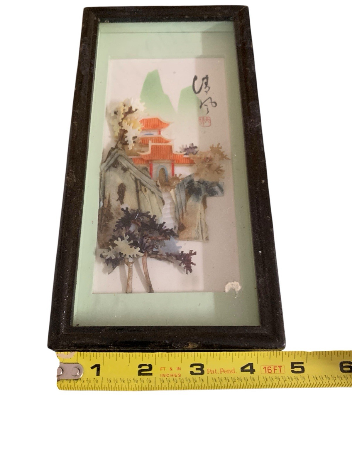 Vintage Chinese Mother Of Pearl 3D Abolone Shell Art size 9 X 4.5 “ Signed