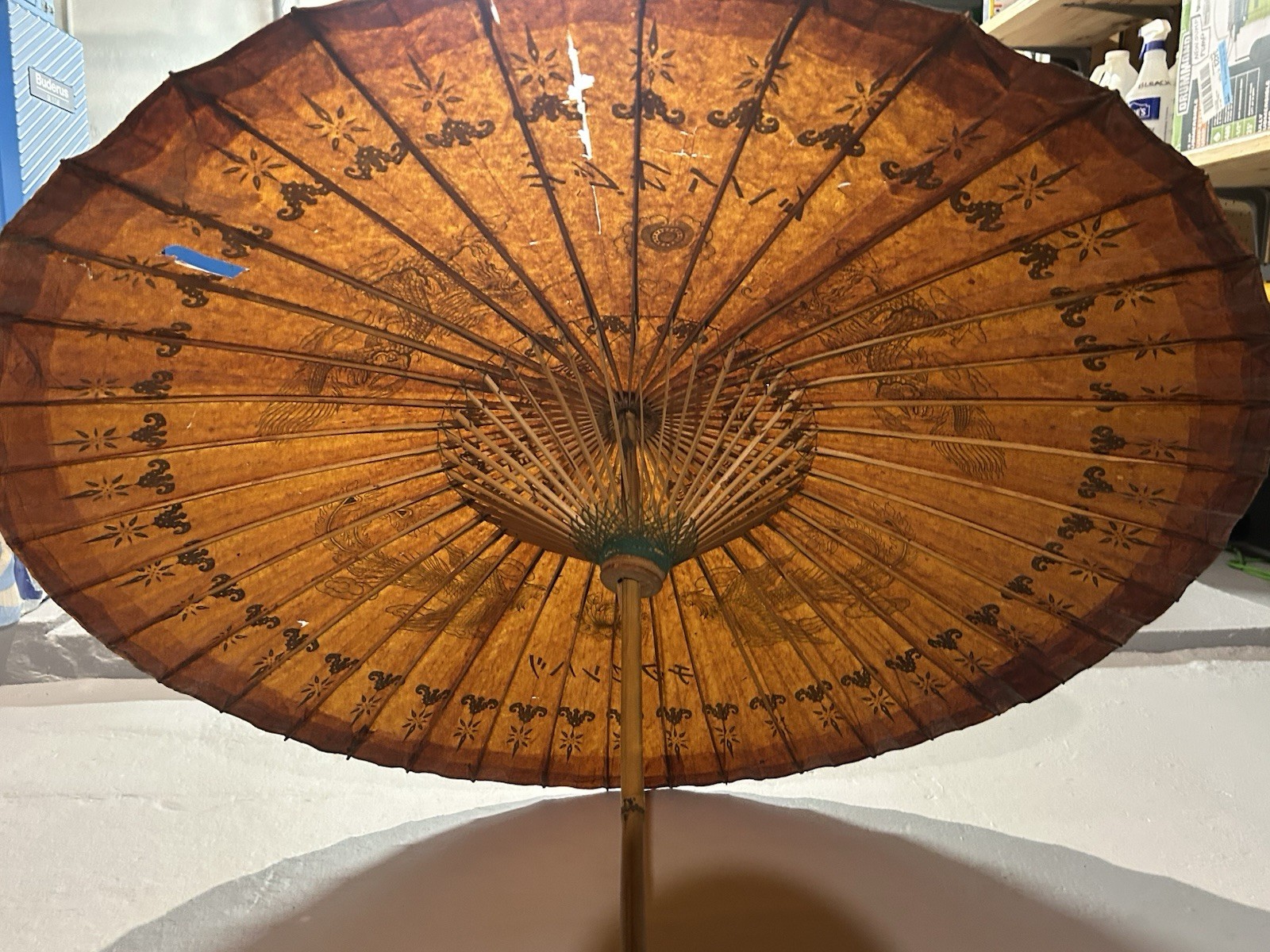 (2) Vintage Hand Painted Oriental Bamboo Rice Paper Umbrella Parasol Wood Handle